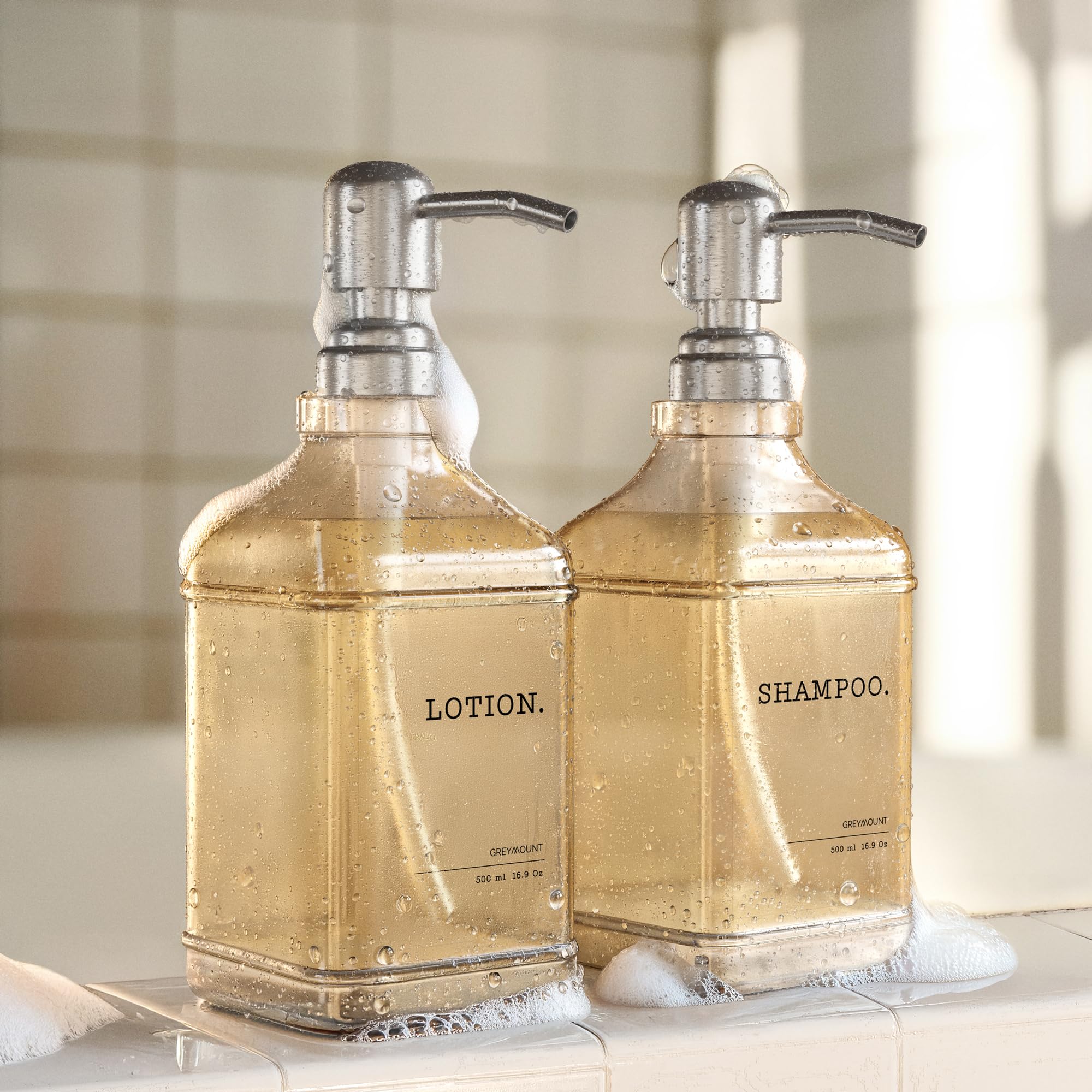 GREYMOUNT Glazen zeepdispenser, set van 2, 500 ml, roestvrij stalen pompdispenser voor vloeibare zeep, afwasmiddeldispenser voor keuken, handzeepdispenser voor badkamer, incl. 6 waterdichte etiketten
