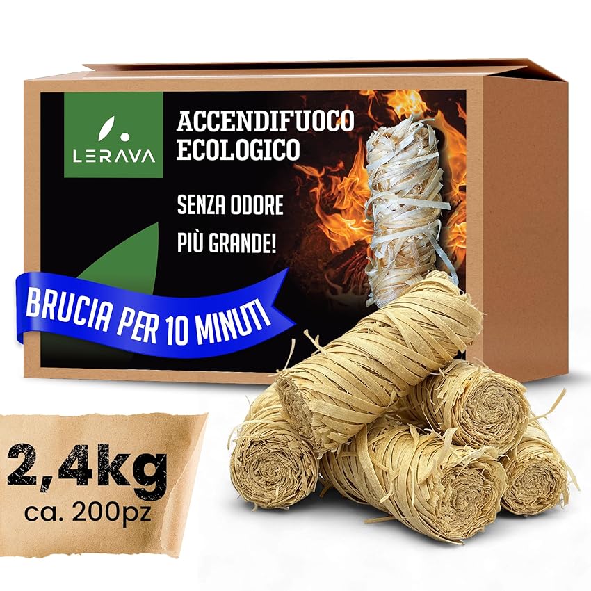LERAVA Accendifuoco Ecologico (ca. 200pz) - Fire Starter Naturale con Fiamma Forte - Accendi Carbonella Barbecue, Camino & Stufa - FSC Certificato - Accendi Fuoco Sicuro & Lunga Durata - 2,4kg