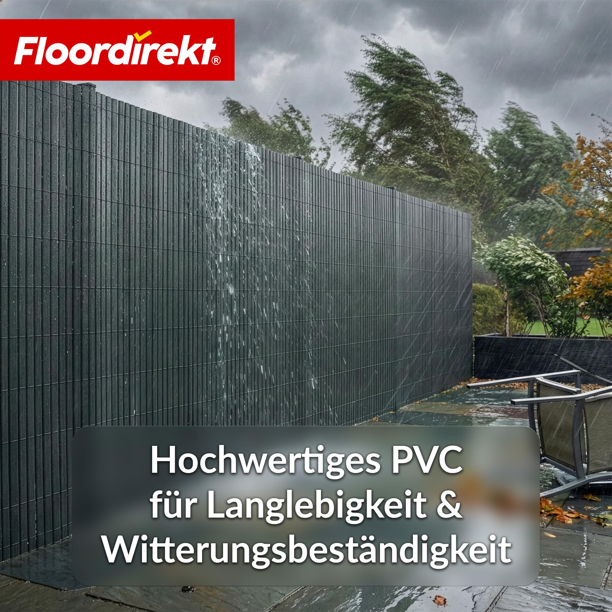 Floordirekt | Pvc-privacyscherm, privacy, tuinscherm, zwembaden, balkon, terras, decoratieve palissade van pvc, uv-bestendig, weerbestendig, winddicht, 100 x 300 cm, grijs