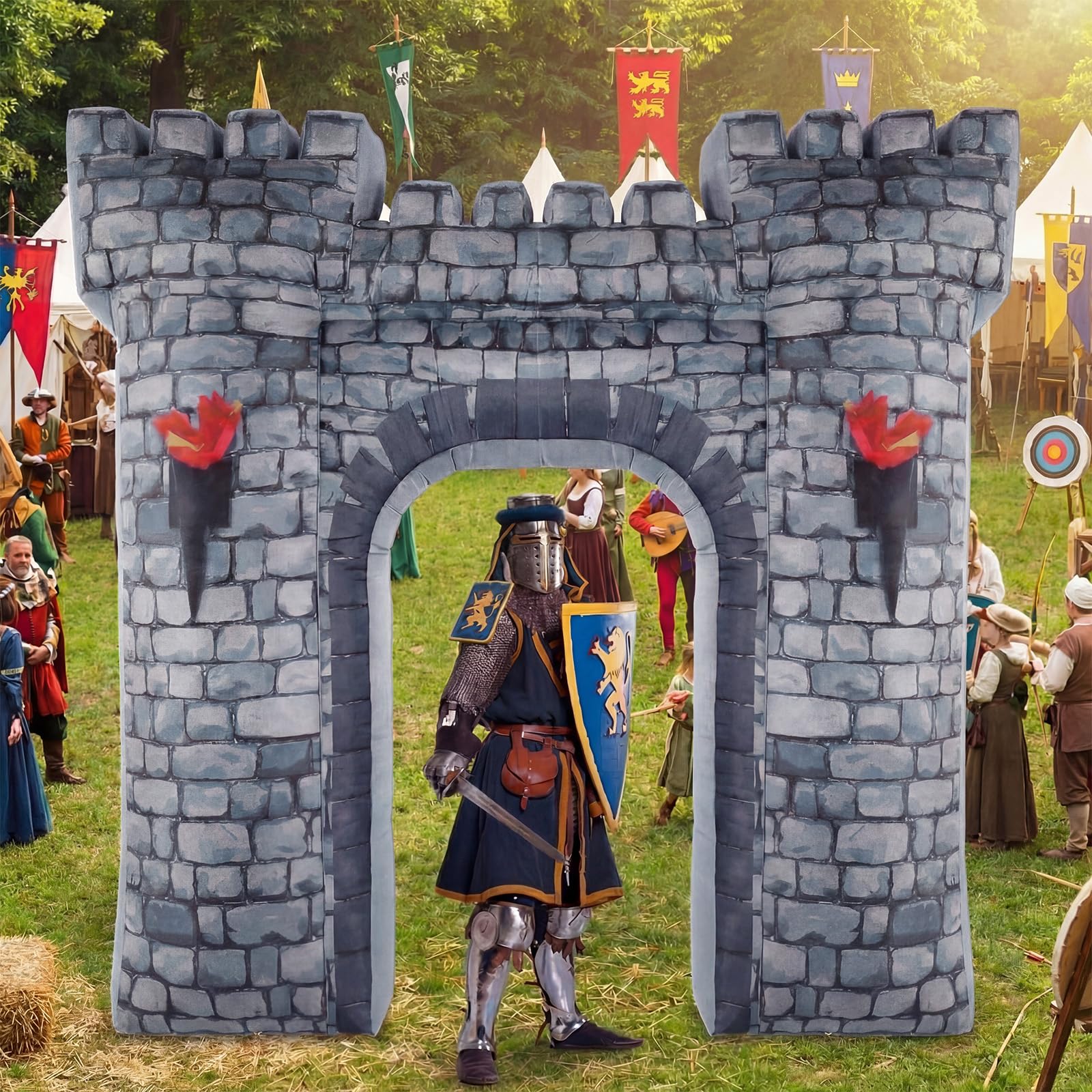 Photo 1 of Preboun 8ft Medieval Party Inflatable Decoration Medieval Inflatable Castle Blow up Archway with Built-in Lights for Knight Birthday Cosplay Party Outdoor Yard Garden Decor
