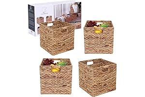 Gorgeous Foldable Natural Water Hyacinth Seagrass Handwoven Storage Baskets Set of 4, 12x12x12”