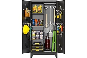 Elite Metal Utility Storage Closet, Garage Cabinet, Broom Holder