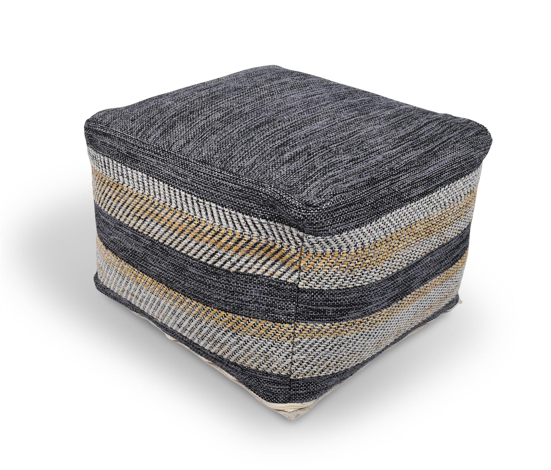 Littens Denim and Gold Stripes Handloom 100% Cotton Chunky Yarn Square Pouffe Seat Bean Bag Footstool, Living Room Decorative Seat, Artisan Detailing (50cm x 50cm x 35cm)
