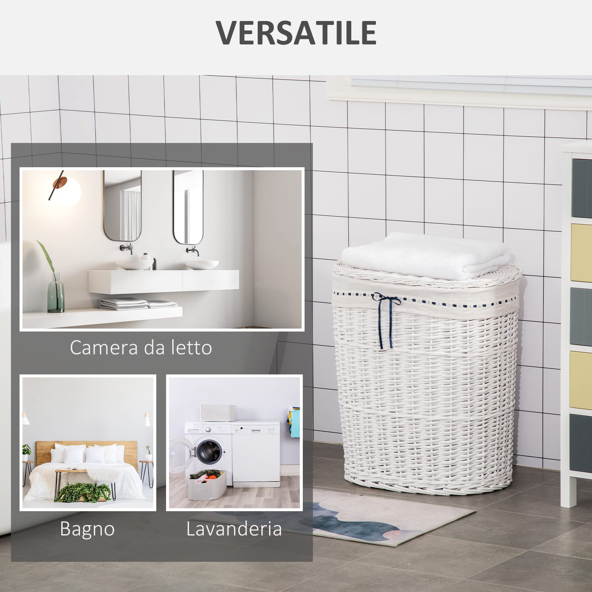 HOMCOM Cesto Portabiancheria in Vimini con Coperchio Sacco Interno Bianco | in Tessuto Lavabile, Contiene 15kg di Panni Sporchi