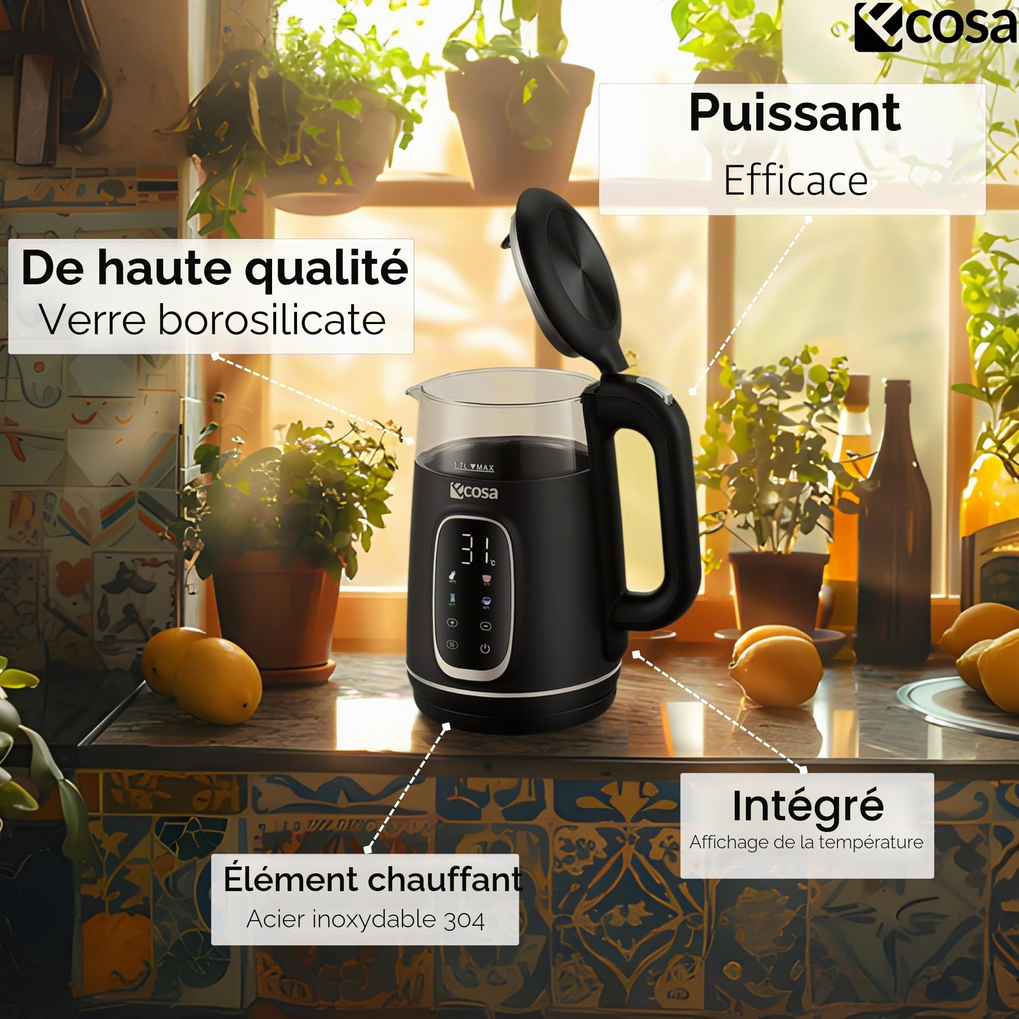 Ecosa Bouilloire avec réglage de la température, verre et acier inoxydable, bouilloire à thé, 1,7 l, 2200 W, sans BPA, avec choix de la température de 40 °C à 100 °C, fonction maintien au chaud