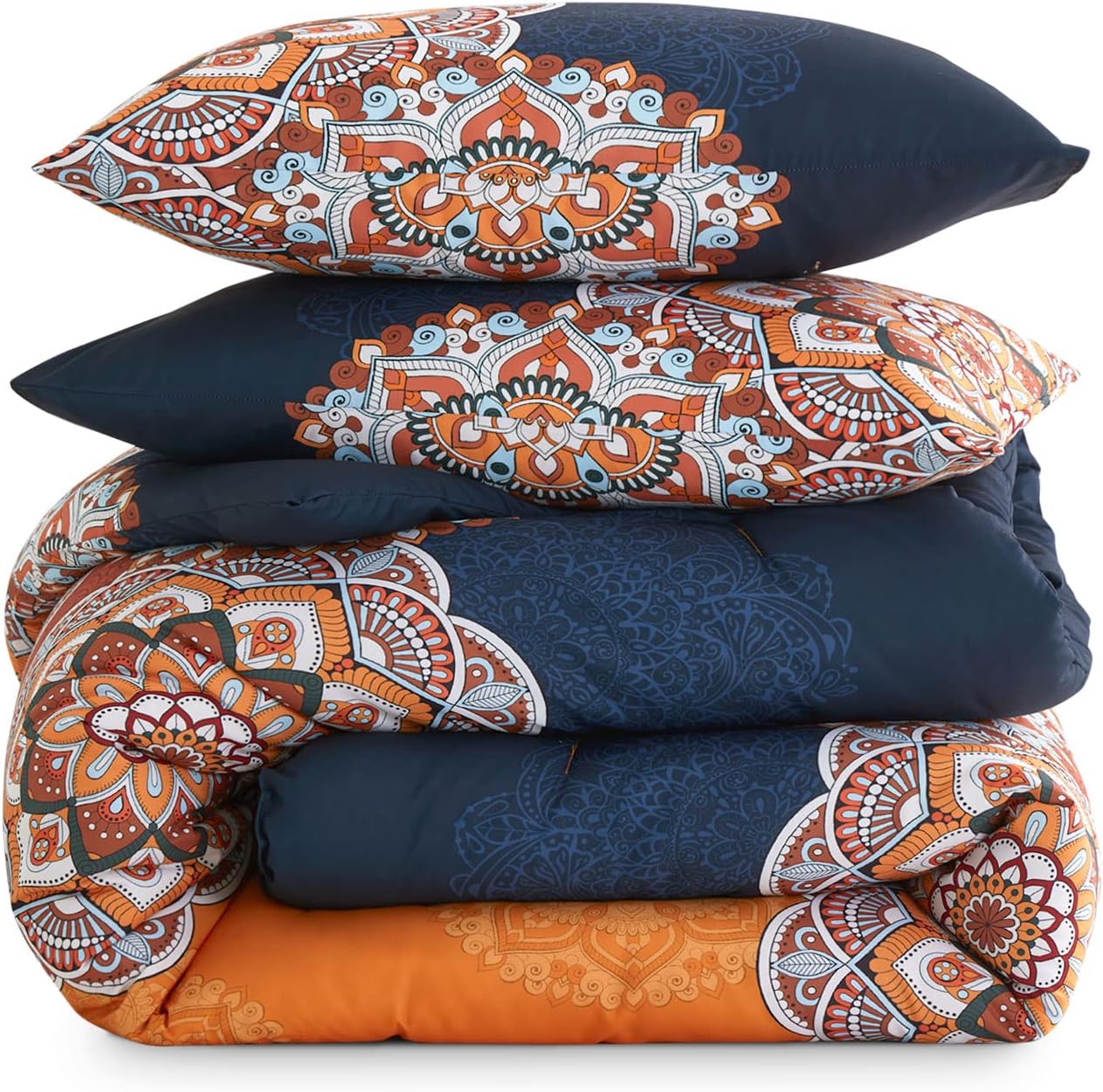 Wake In Cloud - Bohemian Comforter Set, Boho Chic Ornate Floral Elements Pattern Printed for Men Women, Soft Lightweight Bedding, 3 Pieces, Orange Navy, King Size - Image 4