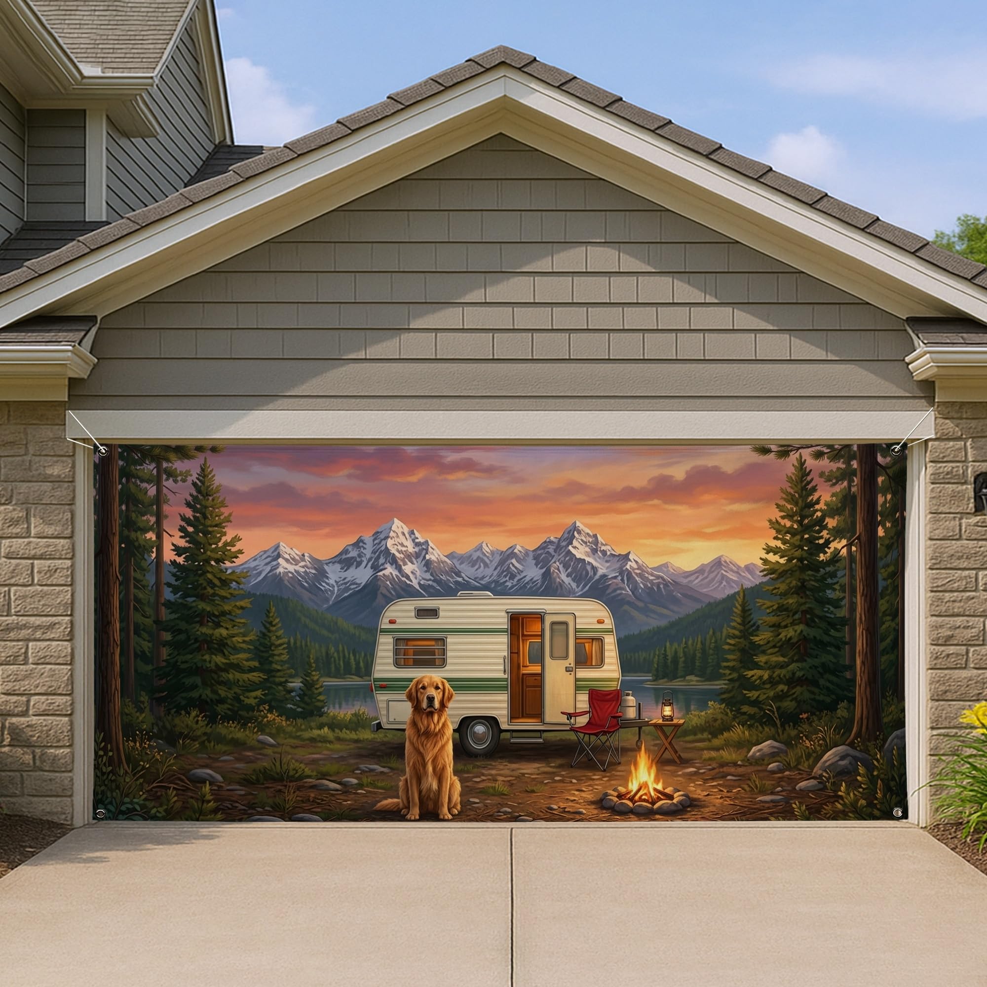 Décoration d'été pour la maison avec cette fresque de garage montagne