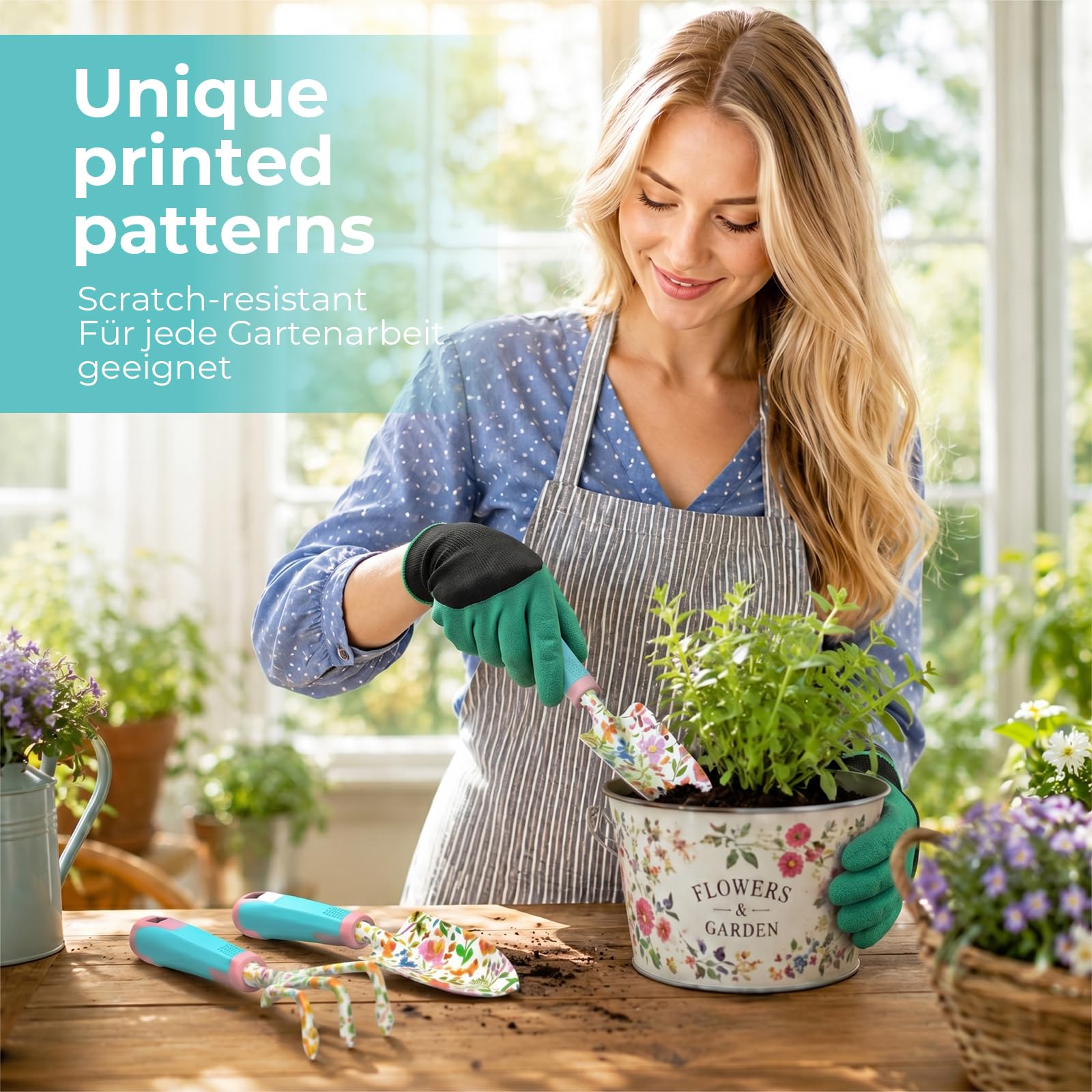 9-teiliges Gartengeräte-Set, Garten-Handwerkzeuge aus Aluminiumlegierung Starter-Kit mit Gartentasche, Robustes Outdoor-Werkzeug-Set mit ergonomischem Griff, Garten-Geschenke (Blumenmuster)
