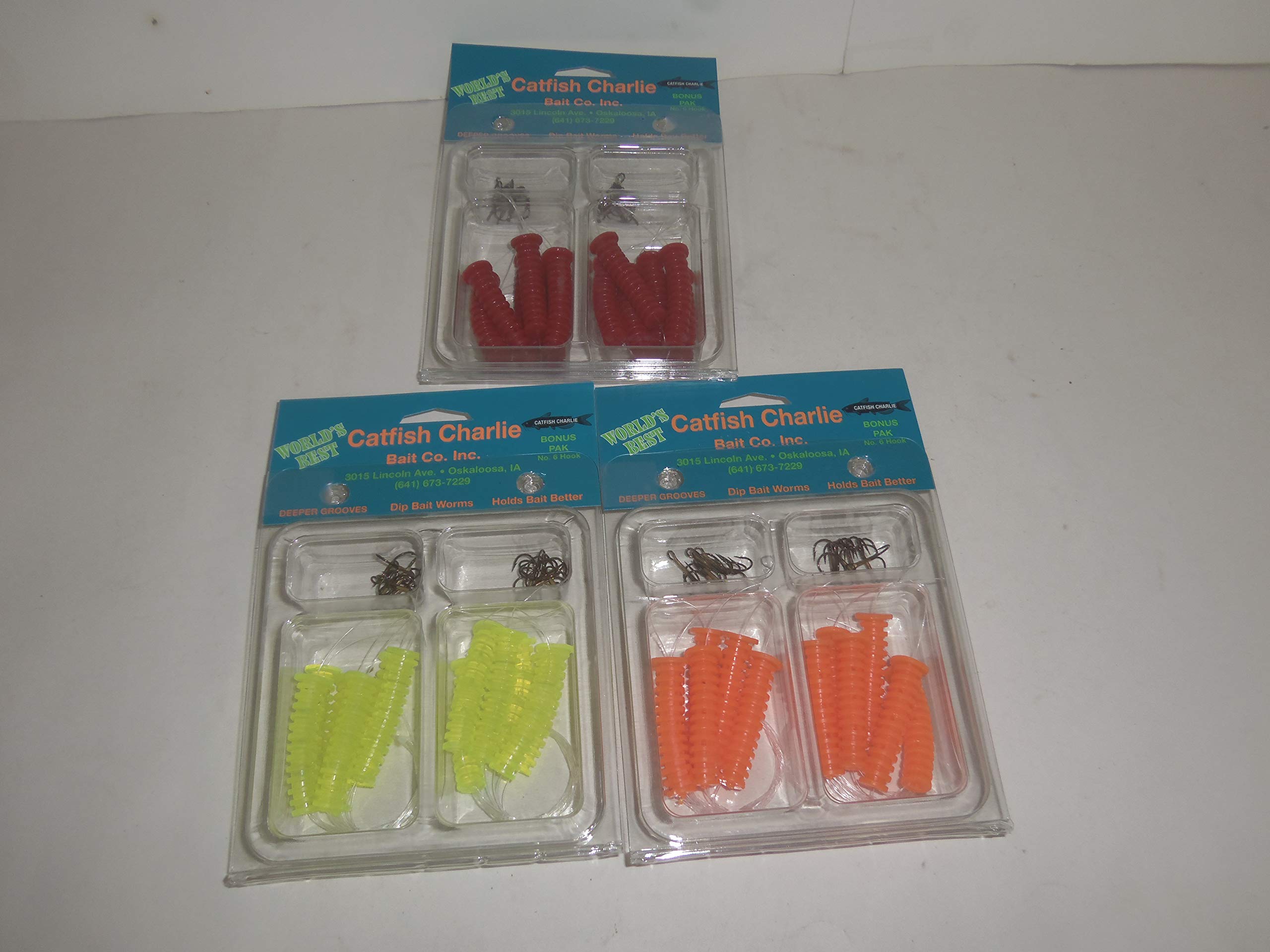 Catfish Charlie Dip Bait Worms, 3 Piece Variety (12 Packs), Red, Orange, & Chartreuse