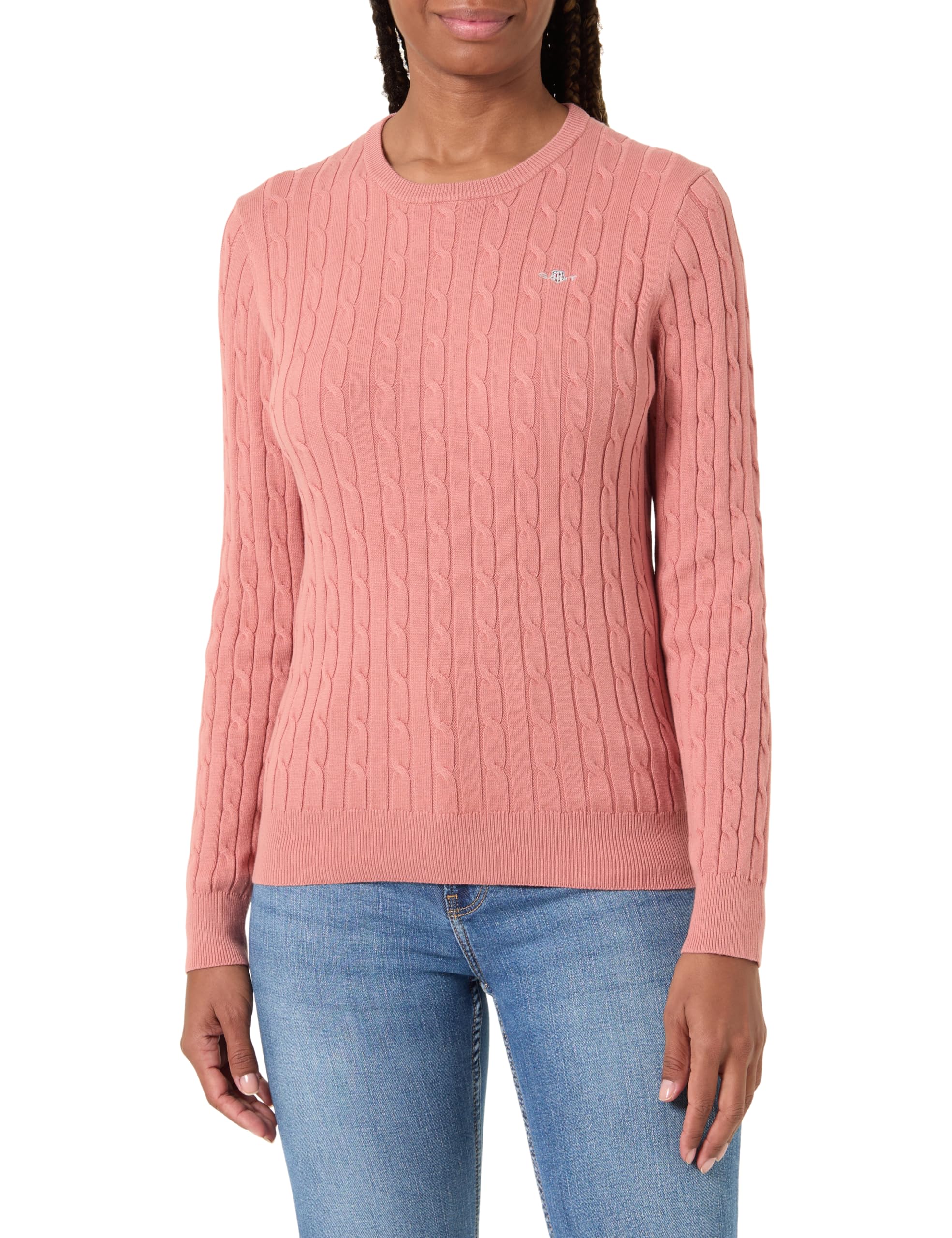 Gant Women's Red Stretch Cotton Cable Knit Crew Neck Sweater (M) Faded Brick