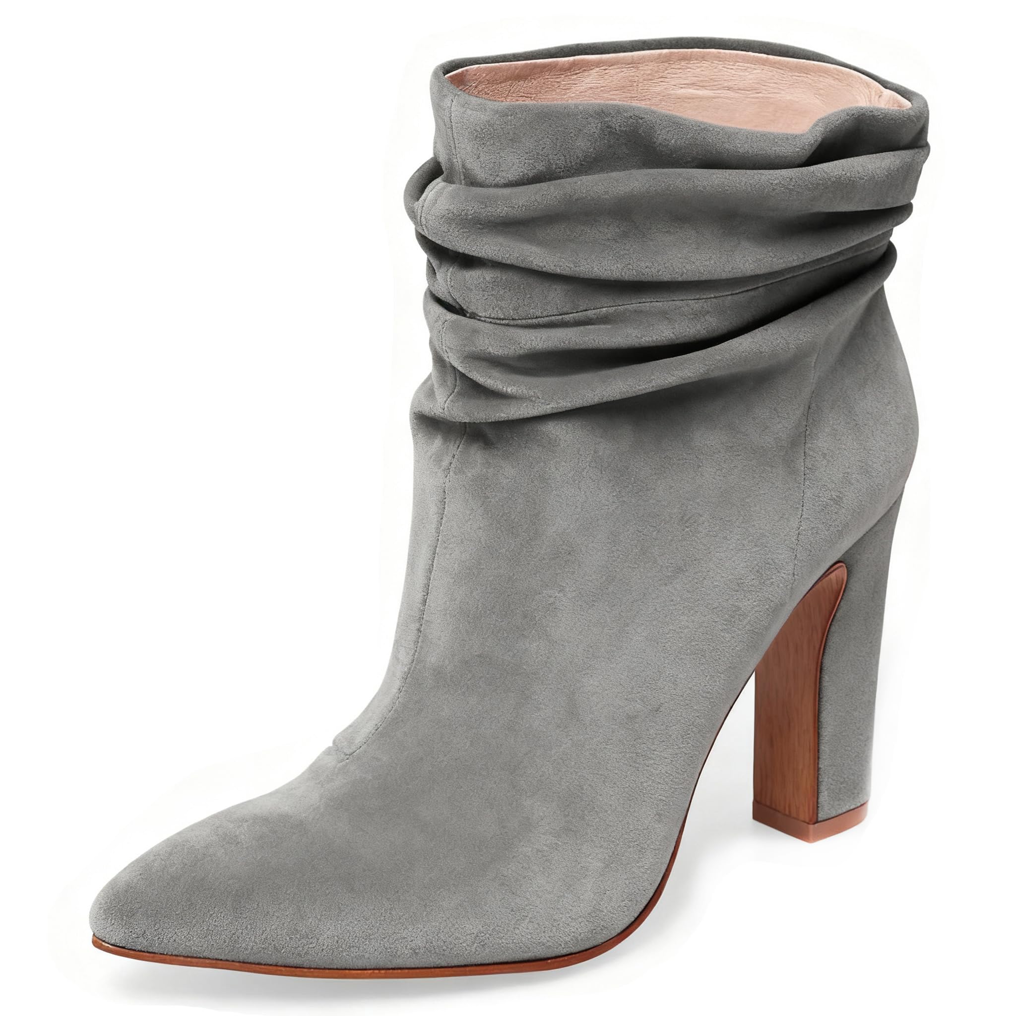 YDN Women Slouch Ankle Boot Pointed Toe Chunky High Heel Pull On Booties Winter Shoe