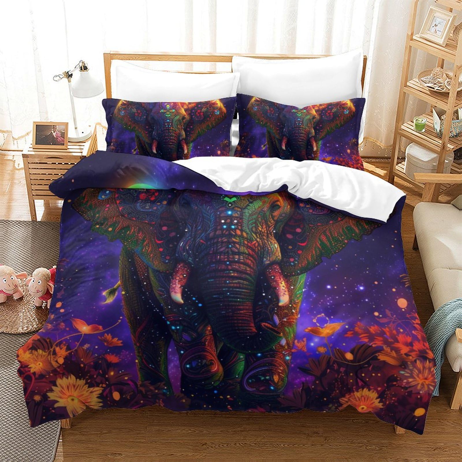 Housse de couette éléphant 220x240 cm parure lit king 3 pièces
