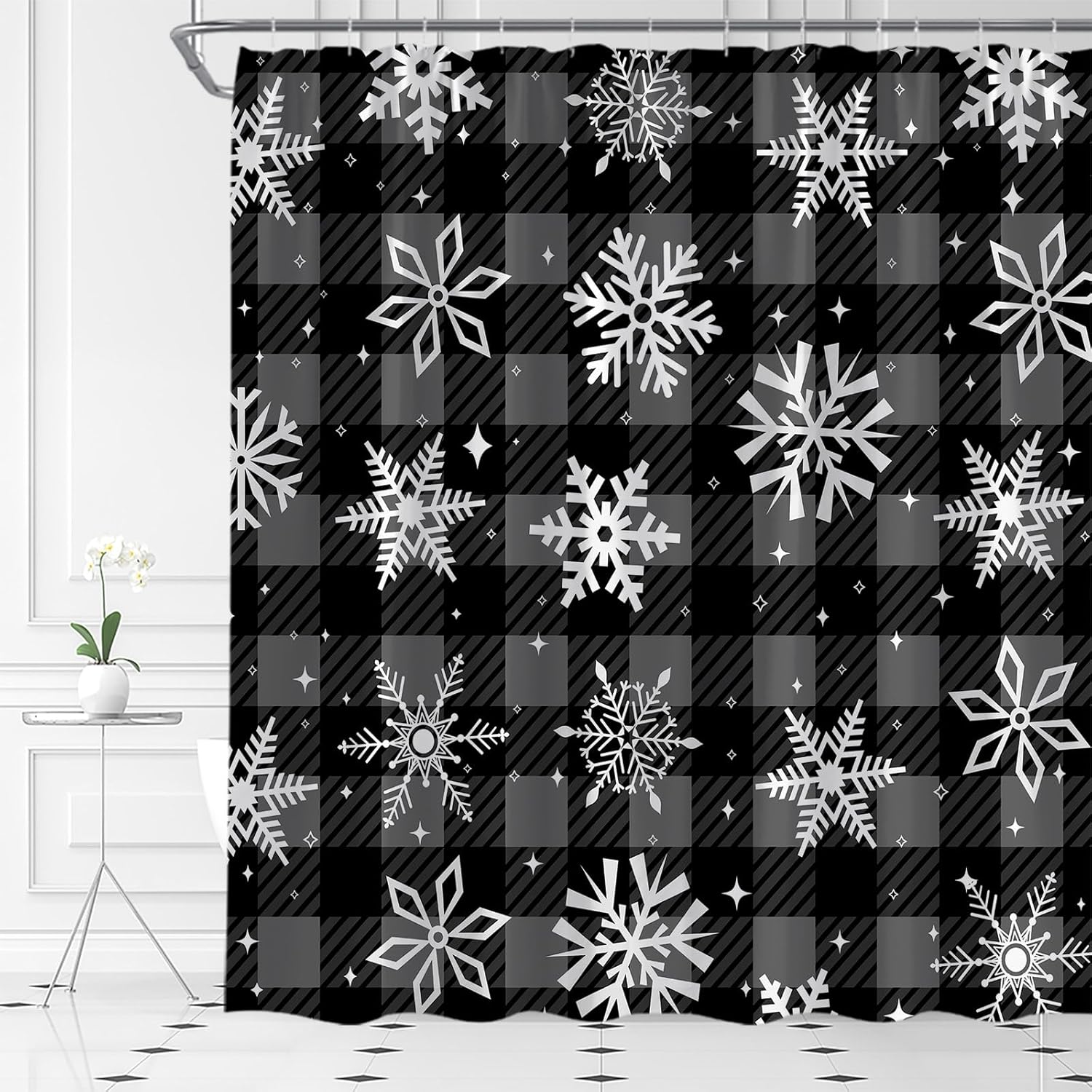 Winter Snowflake Shower Curtain Grey Christmas Buffalo Plaid Modern Happy New Year Polyester Fabric Bathroom Decor Set with Hooks(70" Wx84 H)