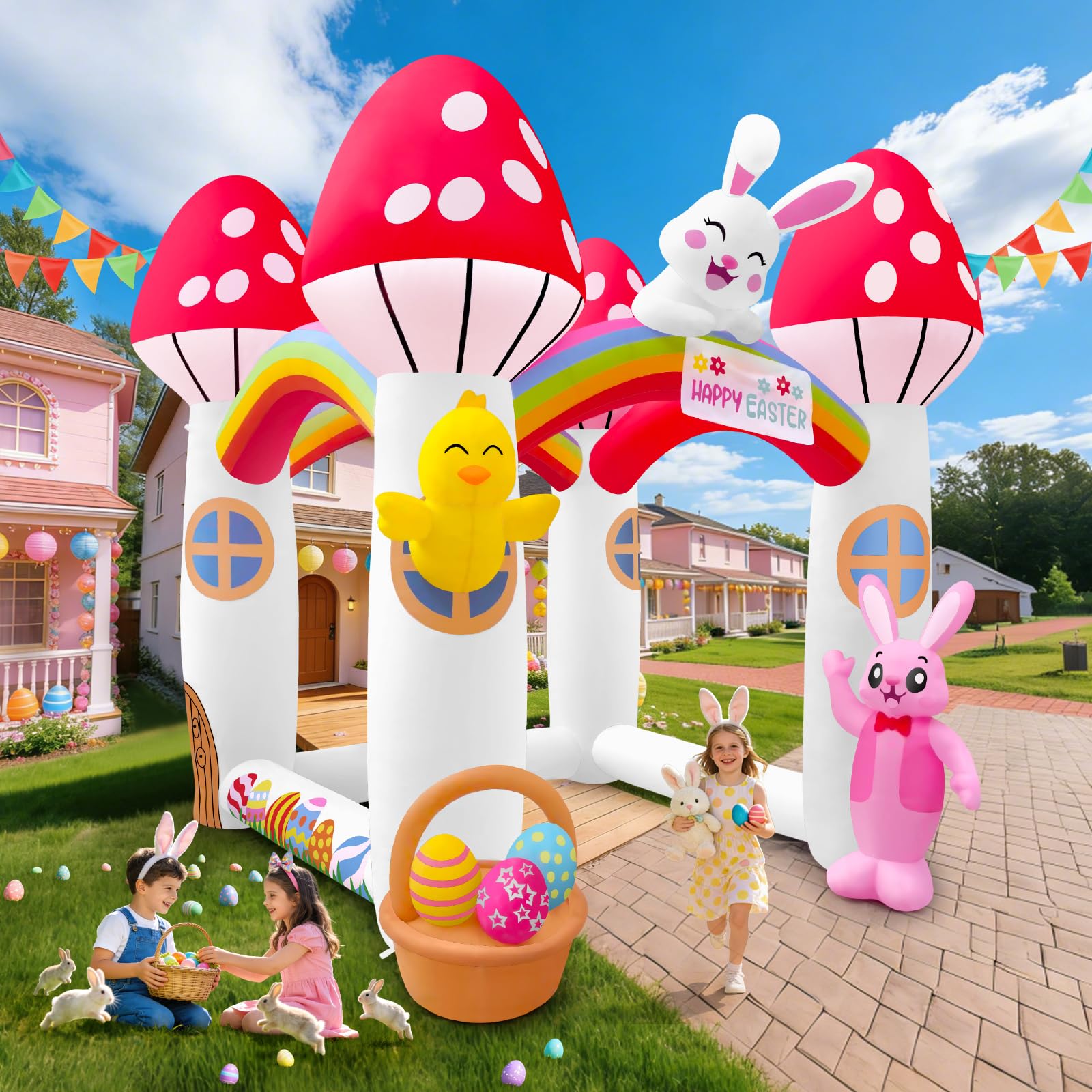 Kalolary 9FT Ostern Aufblasbare Dekorationen im Freien,Kaninchenohren Bogen | aufblasen Hof Dekorationen aufblasbar für Indoor Outdoor Rasen Garten Party (ilz Durchgangs Bogen)