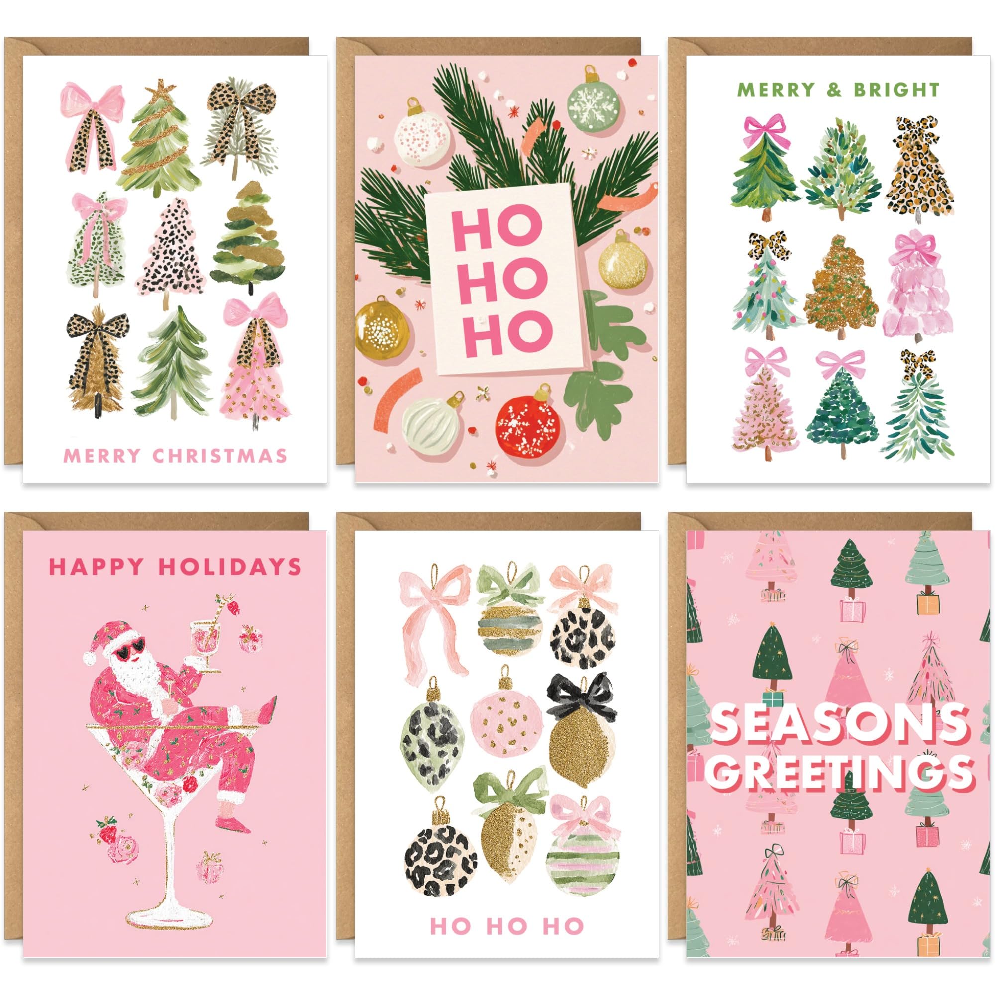 20 Christmas Cards Assortment, Gouache Painted Pink Gold Festive Holiday Bulk Xmas Cards with Envelopes - 7 Designs, For Friends, Family, Kids, Boys & Girls, 4x6