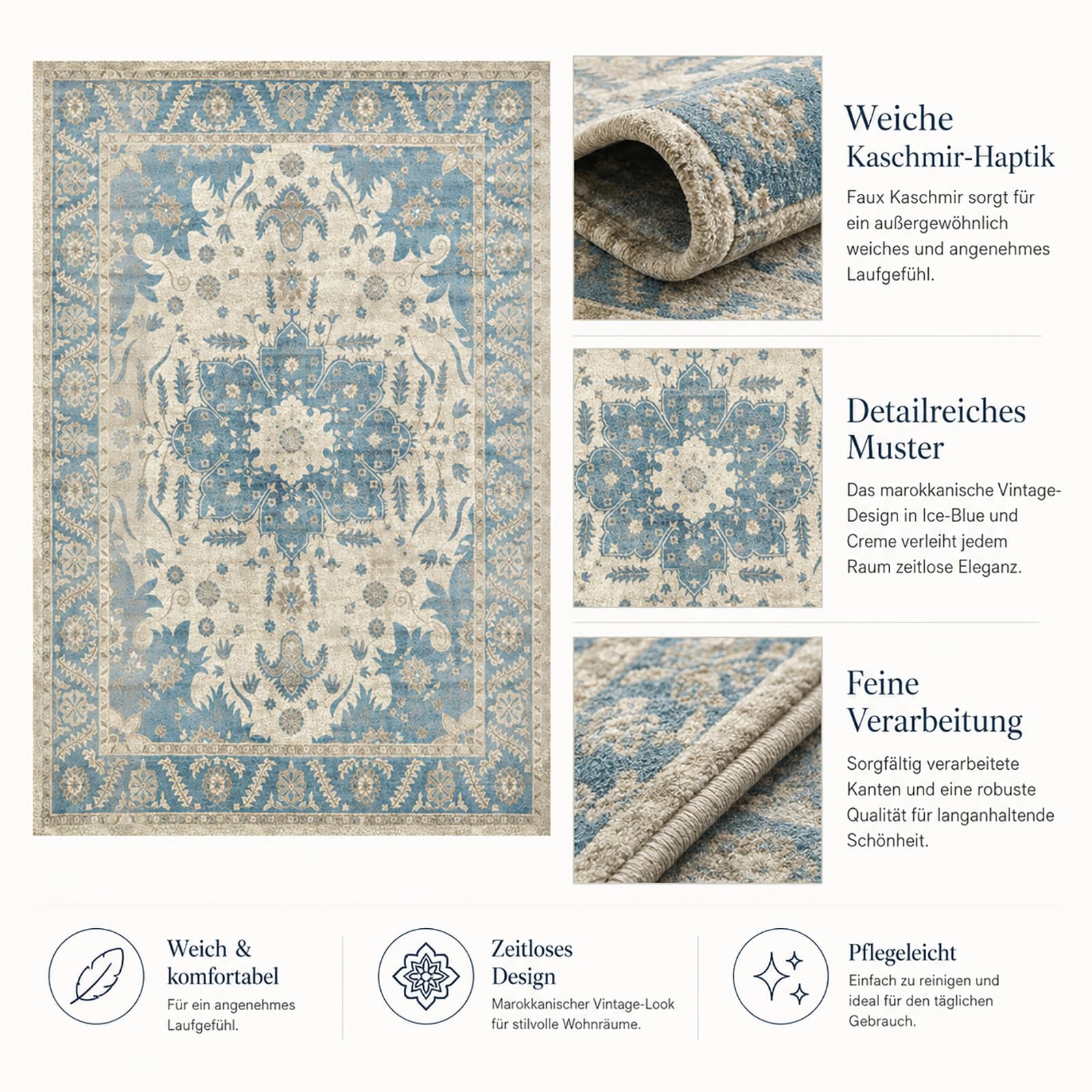 Eisblauer Schlafzimmer Teppiche, Kaschmir Waschbarer Teppich Blau, Teppich Waschbar In Waschmaschine, Flaumig Weich Orientalischer Teppiche, Für Bettvorleger Schlafzimmer Boho Teppicl Wohnzimm