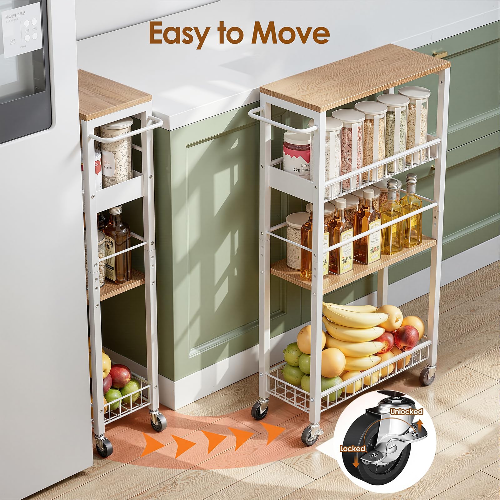 Carrello Portaoggetti Sottile con Ruote, Carrello a 4 Ripiani con Maniglia, 7,1" di Profondità, Altezza Regolabile, Scaffale Mobile Multiuso per Cucina, Bagno, Lavanderia, Bianco