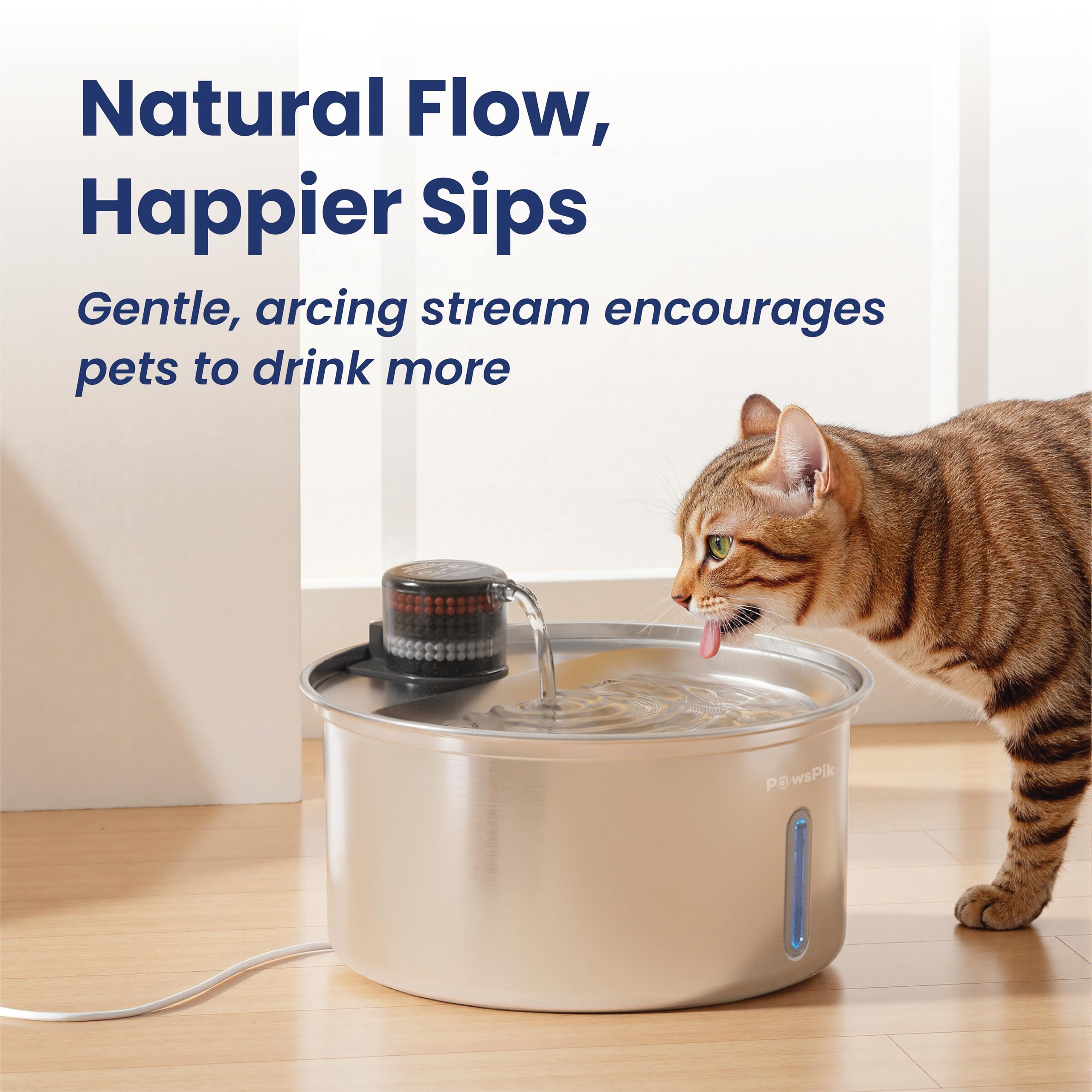 PawsPik PureFlow MAX - Fuente de agua curva de acero inoxidable para perros y gatos, 3.2 litros