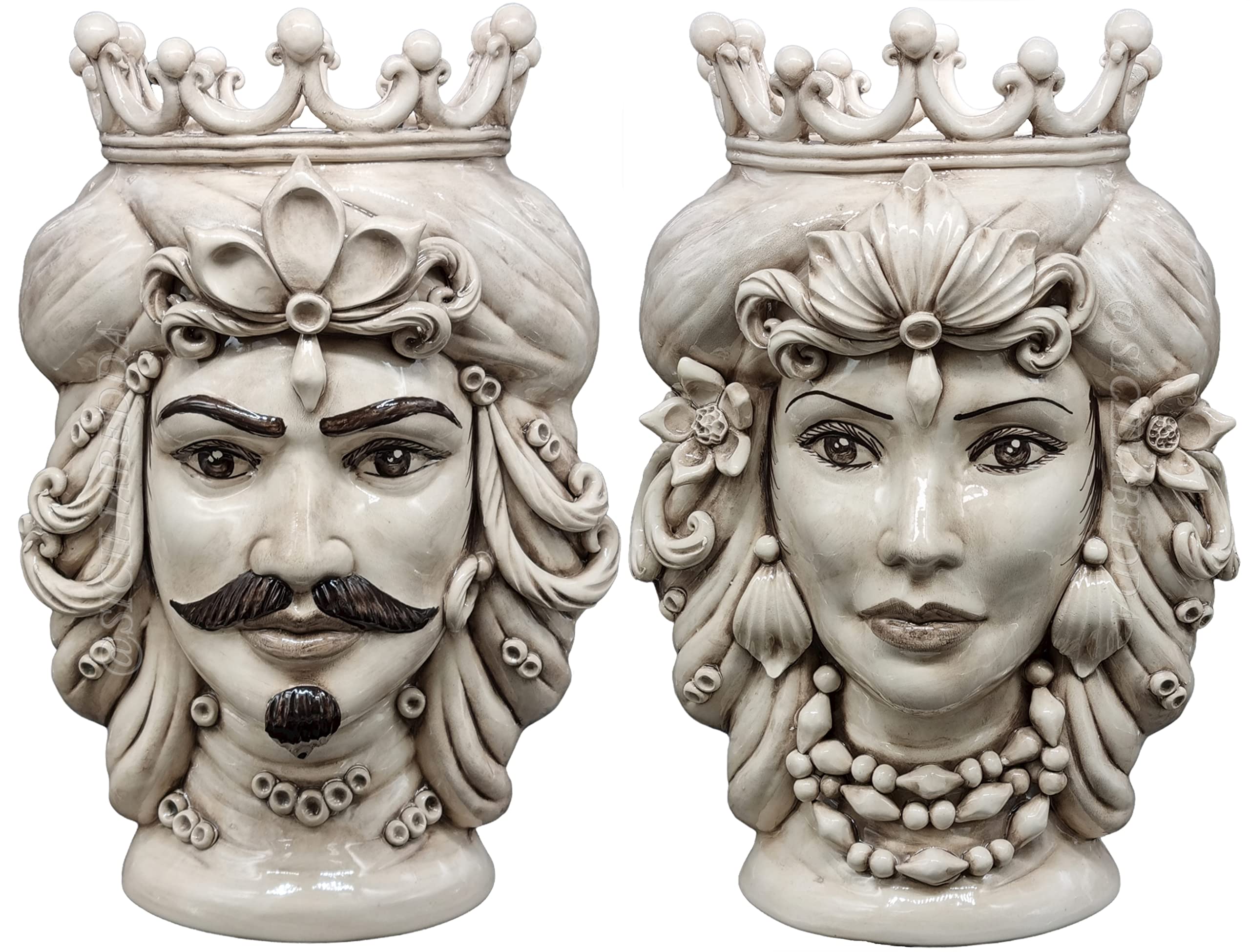 VASI TESTE DI MORO SICILIANI H.38 CERAMICA DI CALTAGIRONE DOPPIA APPLICAZIONE DI FRUTTA COLORE BLU GIALLO ORNATO DELLA TRADIZIONE ARTISTICA – Il Moro di Sicilia