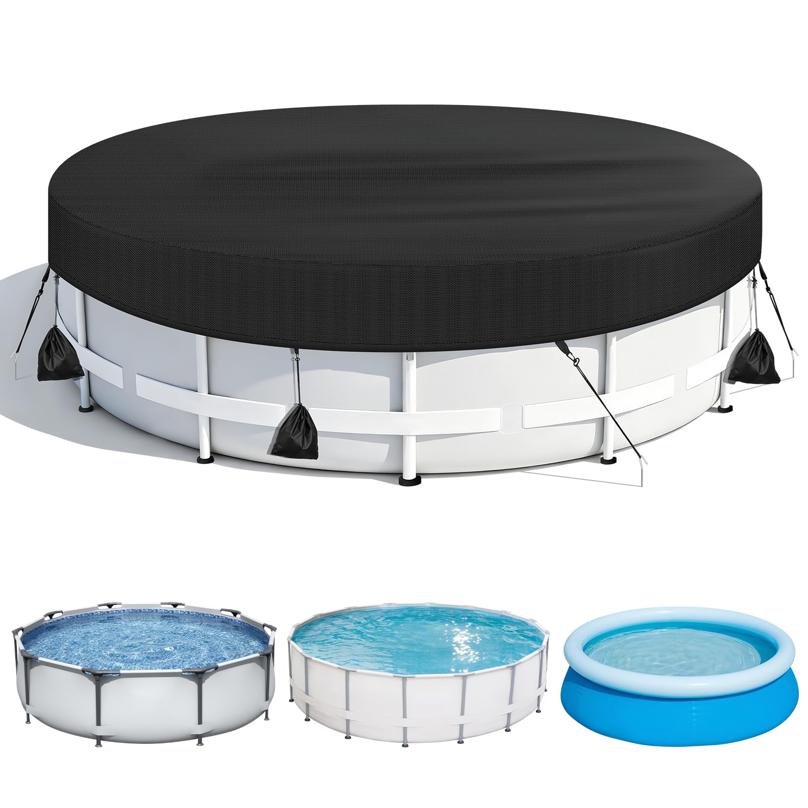 Bâche de piscine ronde de 366 cm avec cordon de serrage, sac de poids et clous de sol
