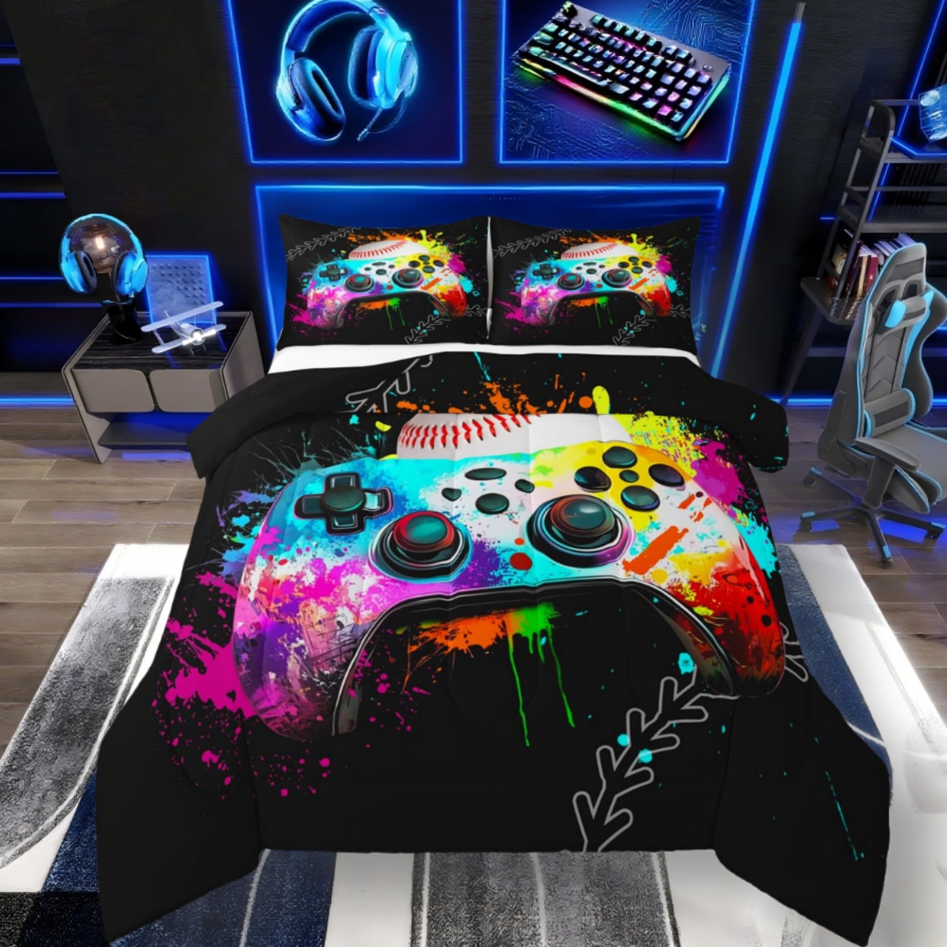 Gamer Comforter Set for Boys and Girls - Baseball Twin Bedding Set, Game Consoles Rainbow Tie Dye Twin Comforter, Gaming Decor for Bedroom, Gamer