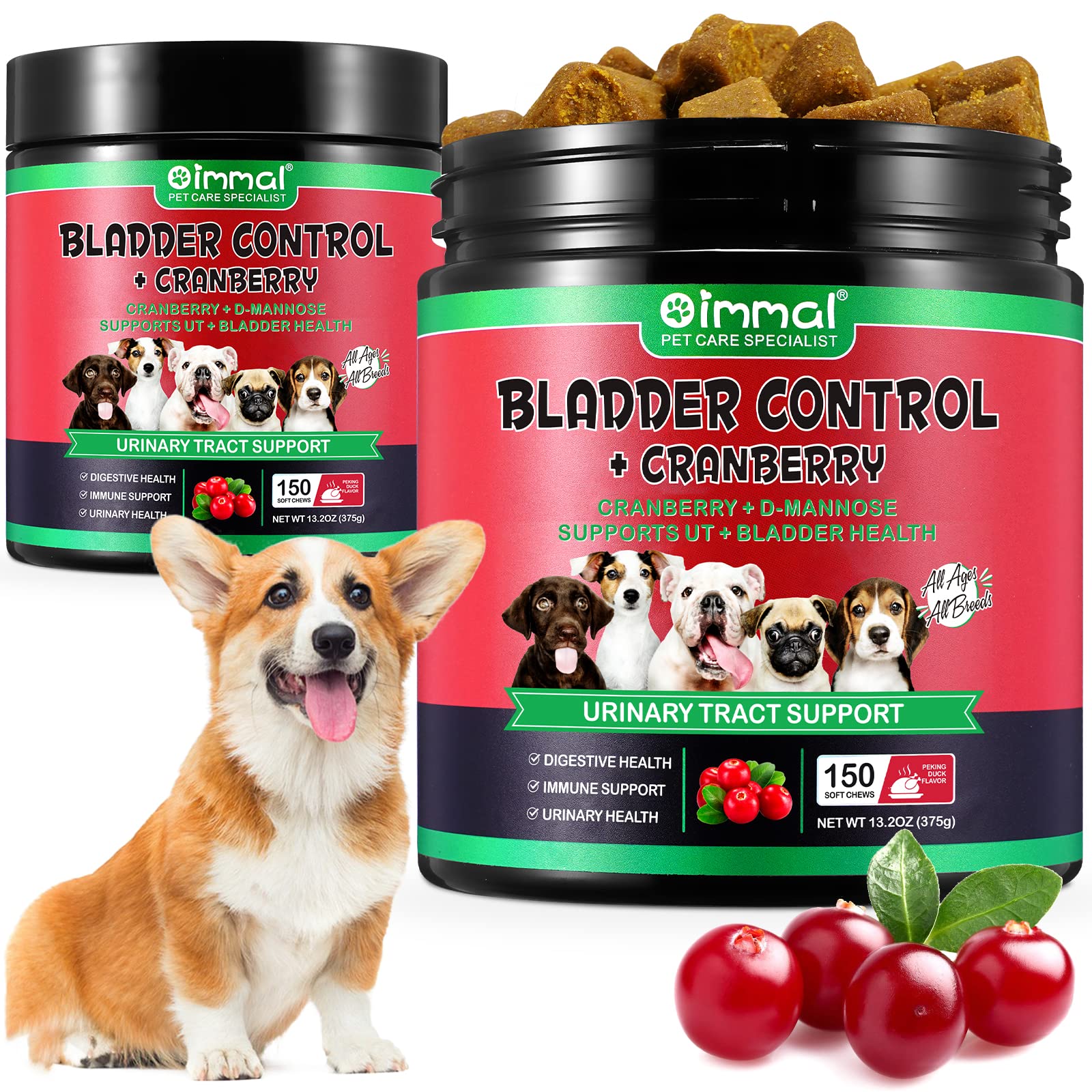 Bladder & Kidney Support for Dogs, Urinary Tract treatment and Bladder Control Supplement, Soft Chews with Cranberry and D-Mannose, Natural Immune System Booster - Peking Duck Flavor (150Pcs)