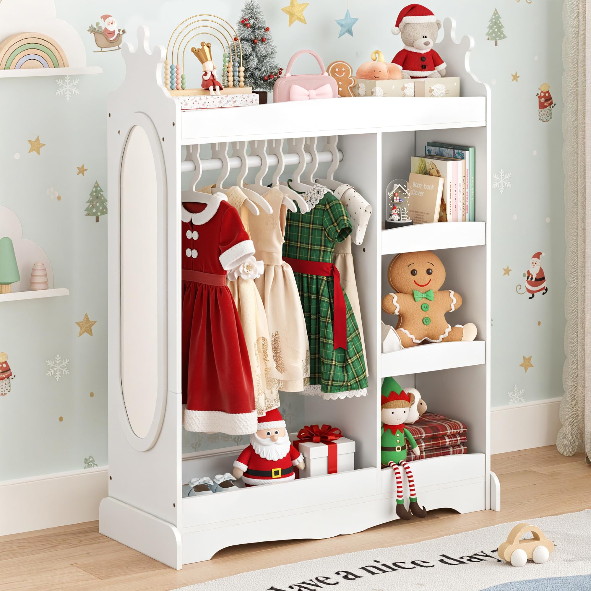 LUE BONA Kindergarderobe,Kinderkleiderschrank mit Spiegel und Kleiderstange,Kindergarderobe mit 3 Haken und 3 offener Ablagen,Kinder Kleiderschrank aus Holz für Kinderzimmer,85 x 34 x 112 cm,Weiß