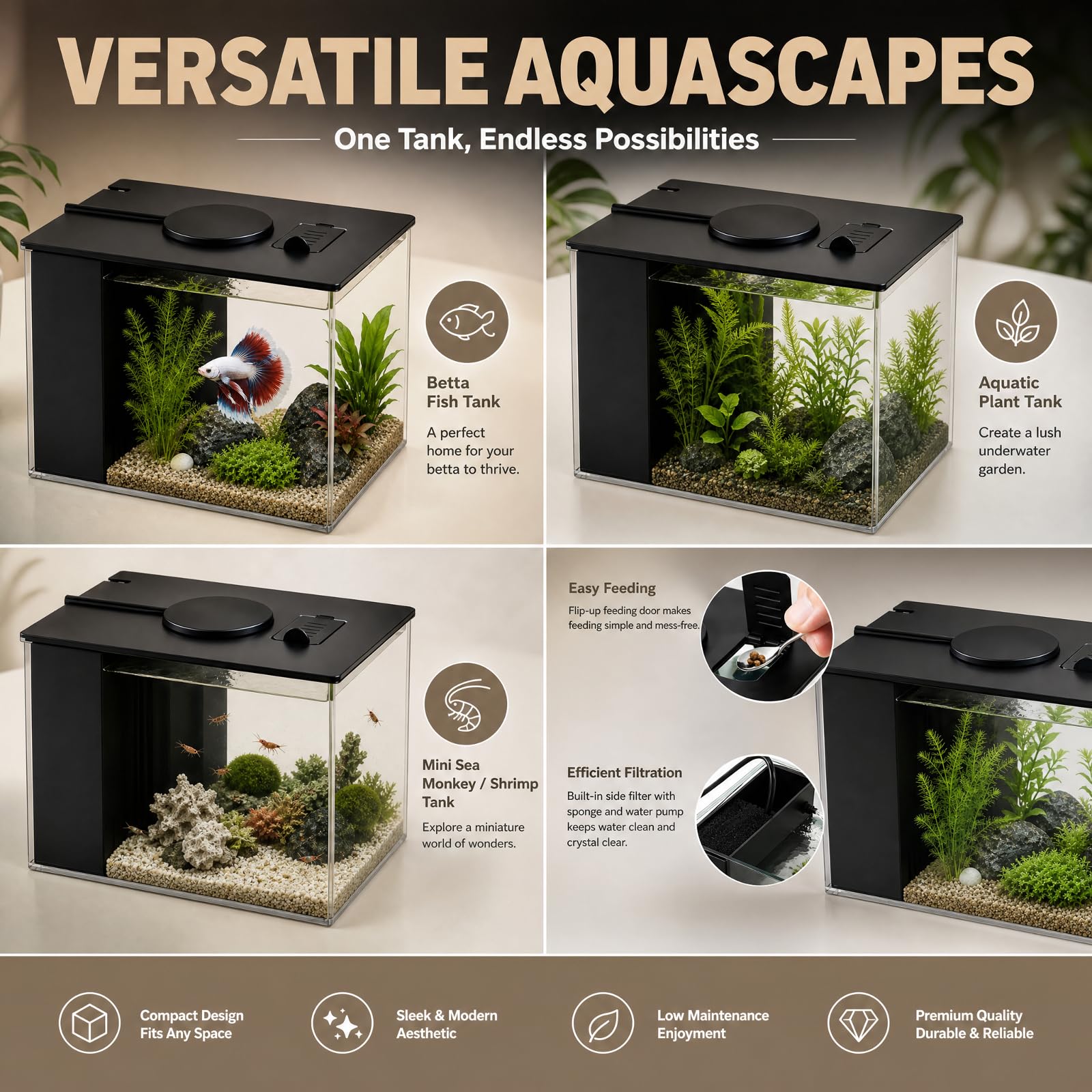 Petit Aquarium Complet, Mini Aquarium Plastique, avec Pompe de Filtration et Éclairage LED Réglable, Aquarium à Circulation Automatique, pour Petits Poissons, Crevettes et Plantes Aquatiques (Black)
