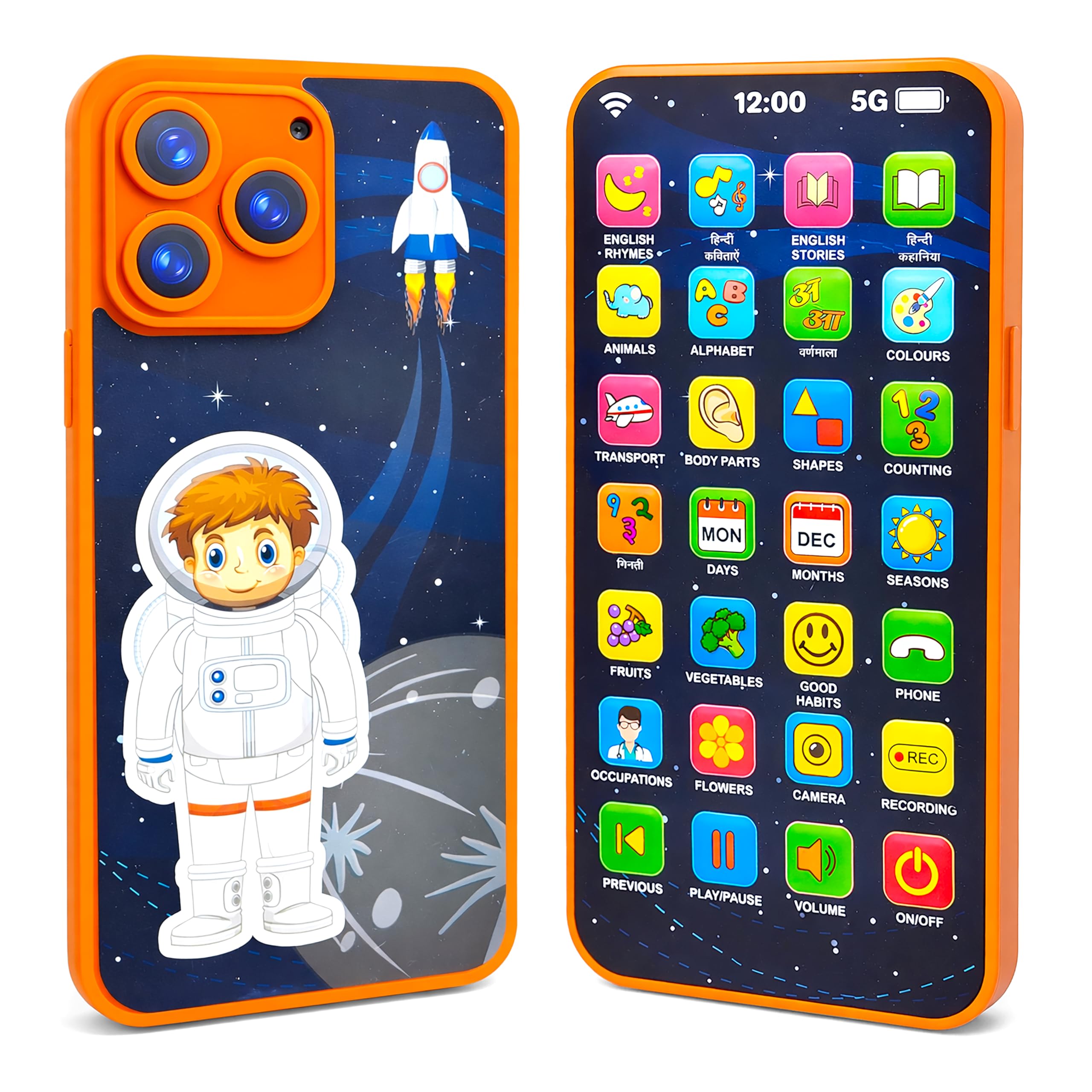Rechargeable 24 Modes Space Theme Phone Toy for Kids with English and Hindi Rhymes, Stories, Alphabets and Numbers - Educational Learning Dummy Mobile Toy with Voice Recording –Multicolor-image-11