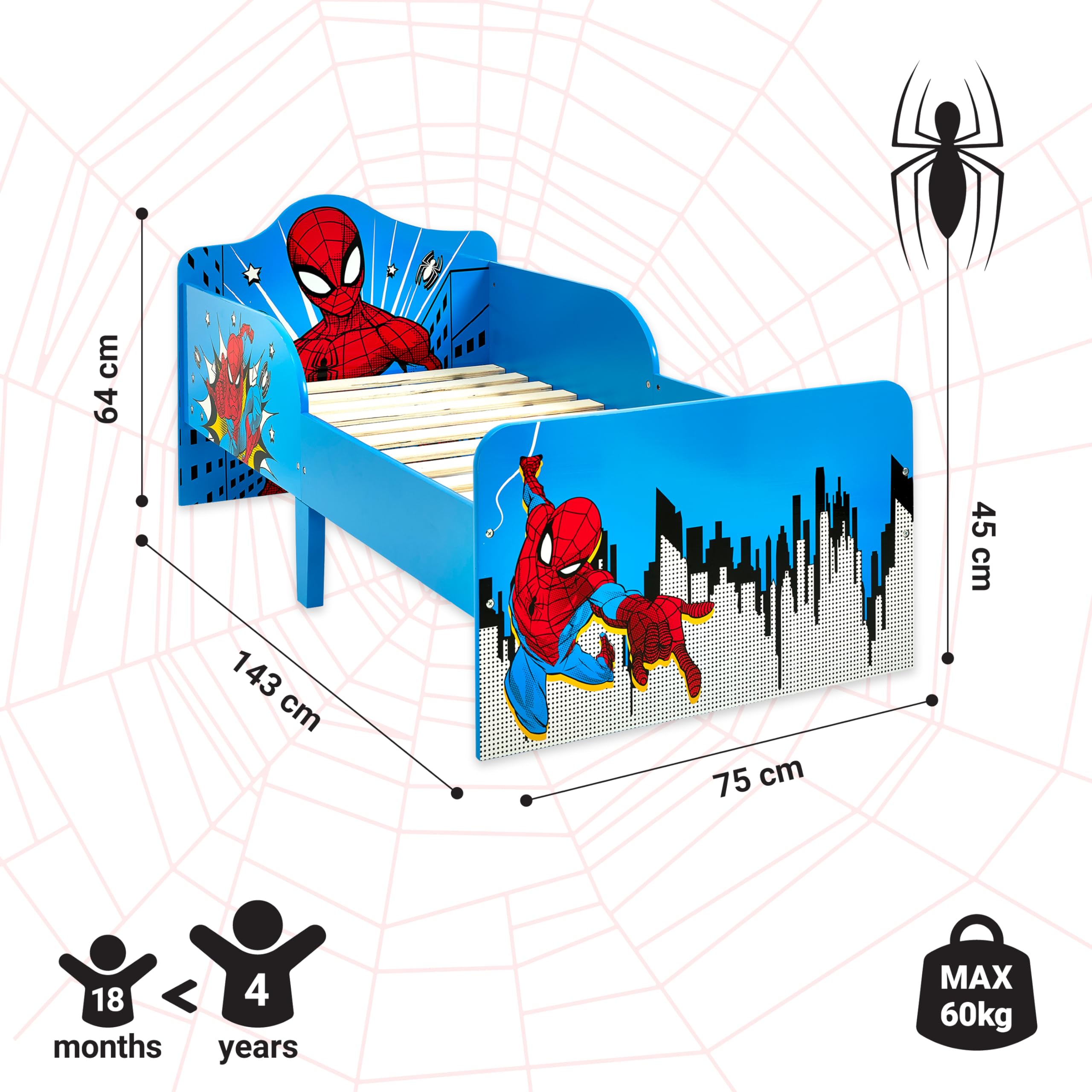Marvel Spider-Man Lit pour enfants : construction robuste en bois d’ingénierie, côtés protégés, lattes en bois, convient aux matelas de 140 cm x 70 cm (matelas non inclus)
