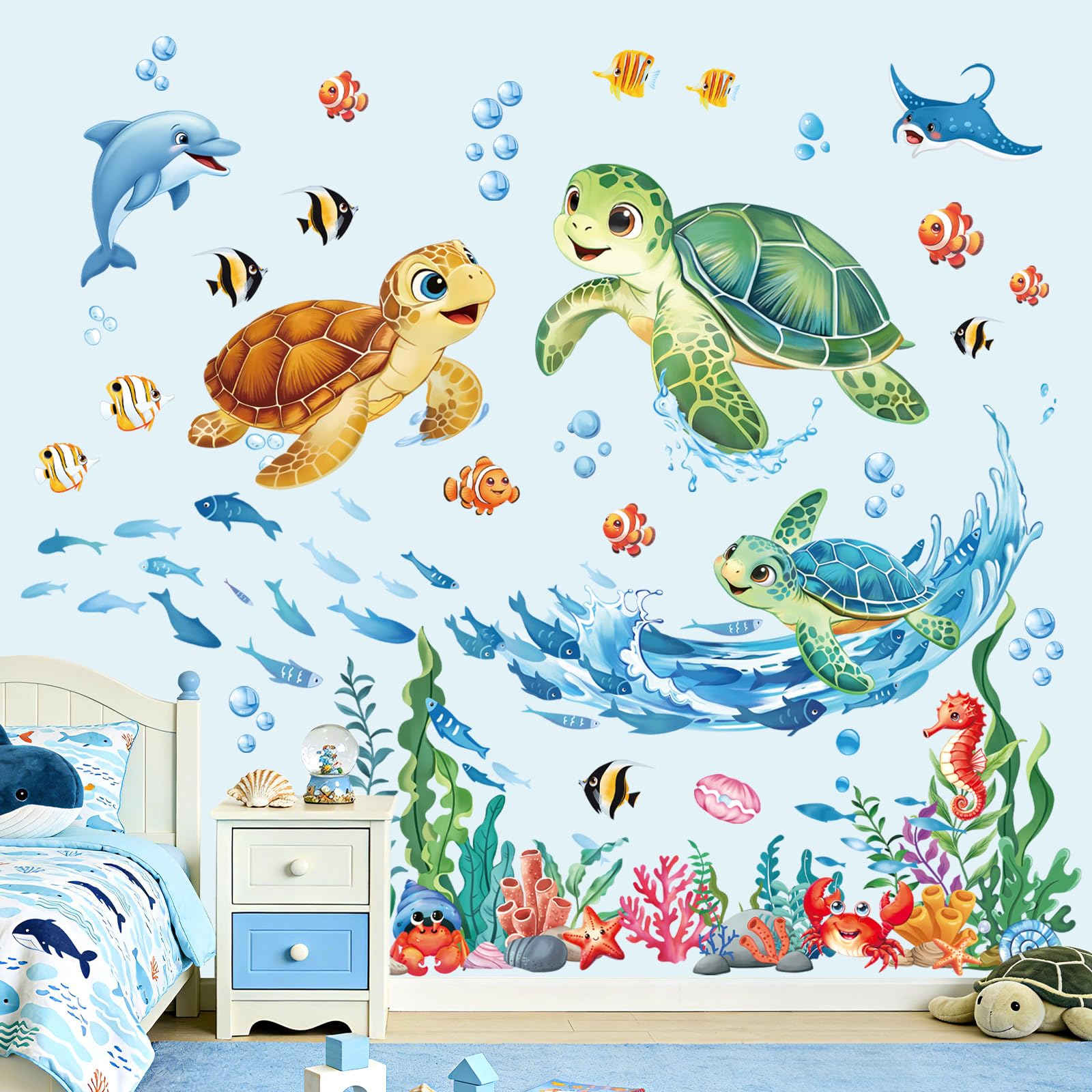 decalmile Pegatinas de Pared Bajo el Mar Vinilos Decorativos Tortugas Peces