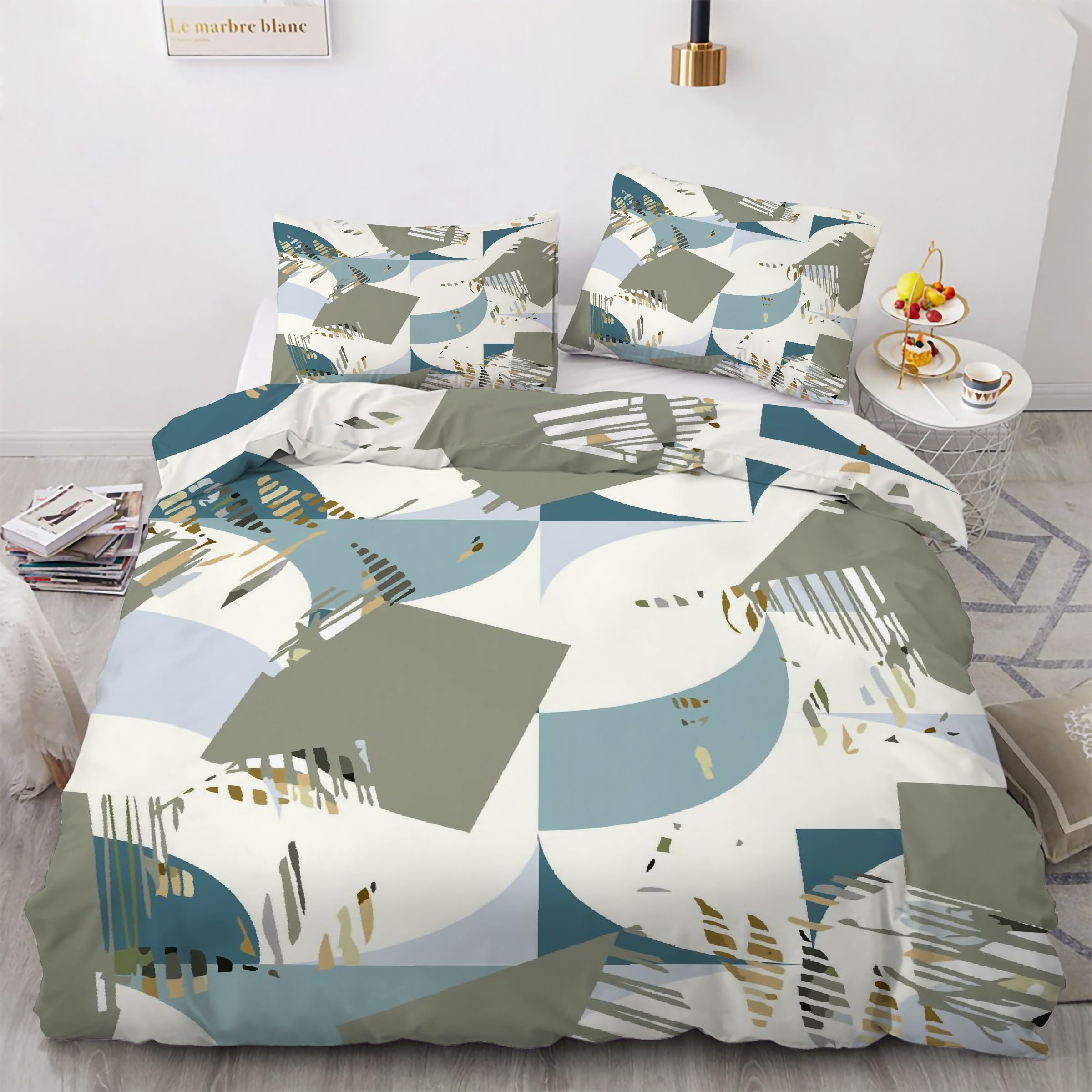 Copripiumino Matrimoniale 240x220 Blocchi di Colore di Linee Geometriche Moderno Biancheria da Letto Morbido Microfibra Copri Piumone e 2 Federe Abbinate, con Zip, Ipoallergenico HR809