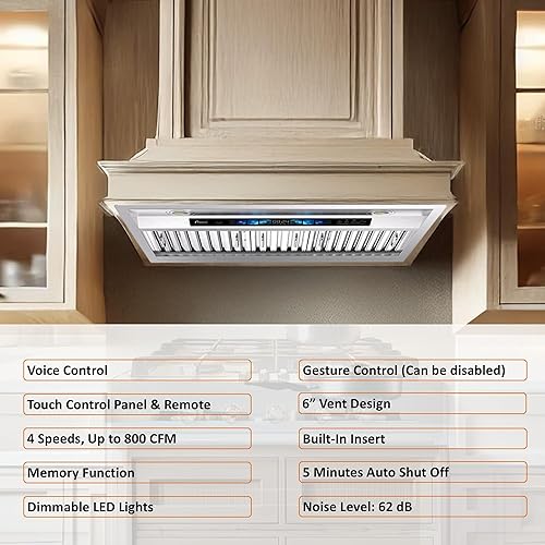 Miniatura 6 de Awoco Campana extractora de acero inoxidable integrada de 30 pulgadas, campana de cocina con ventilador de escape de 4 velocidades, voz, gesto,