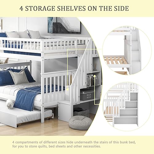 Miniatura 160 de Merax Litera de escalera individual sobre matrimonial con nido, escalera de almacenamiento y barandilla de longitud completa, litera de