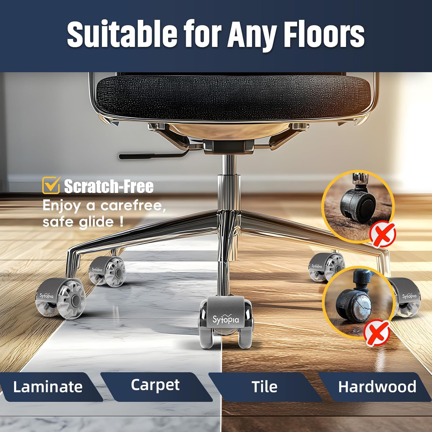 Office Chair Wheels Replacement, 2.5 Inch Universal Casters for Hardwood Floors & Carpet, Heavy Duty, Quiet, Scratch-Free, Fits Most Chairs, Easy Install, Set of 5,Light Grey