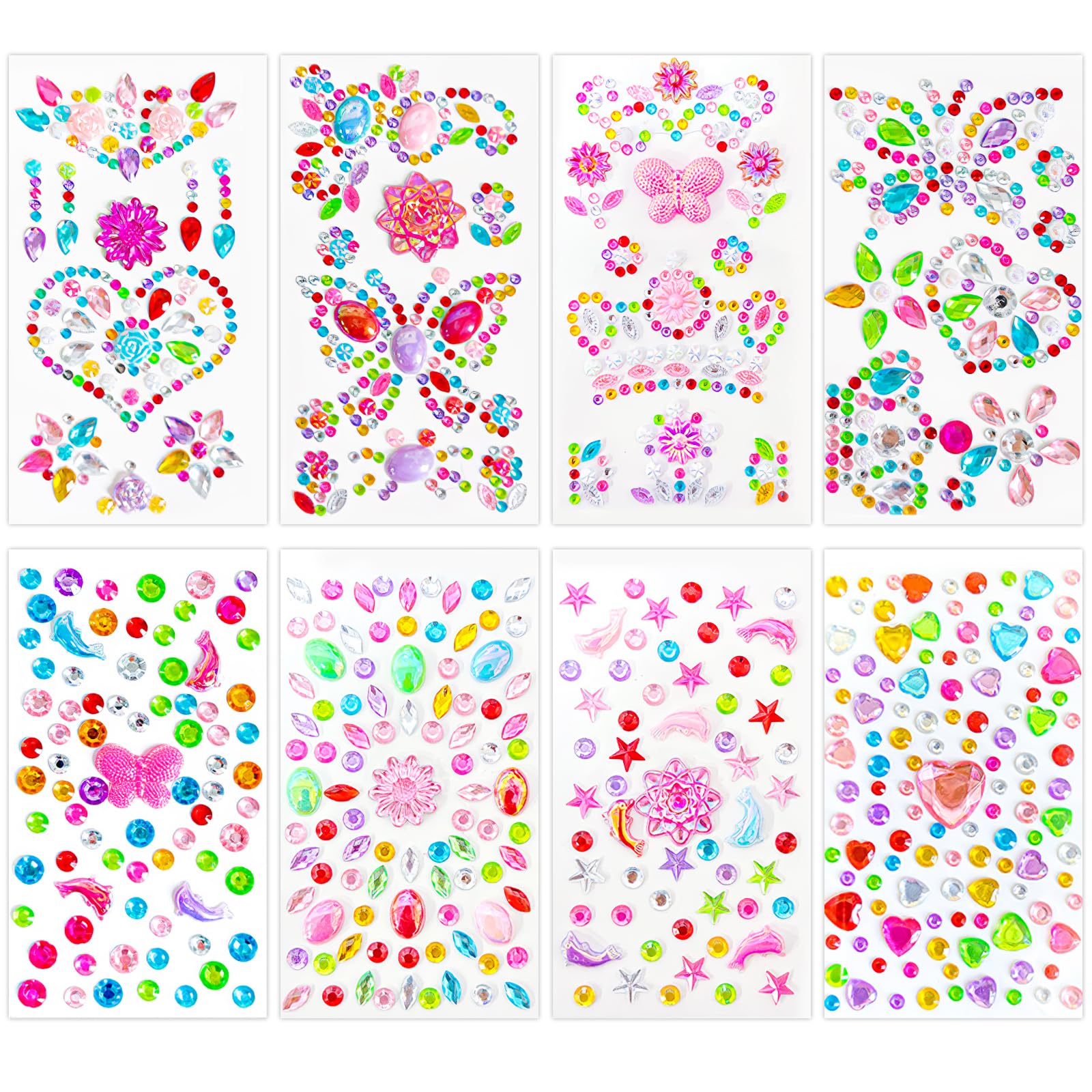 TecoKart® 8 Sheet Rhinestone Self Adhesive Face Cute Jewels Stickers for Girls Gem Acrylic Color for Kids DIY Crafts, Makeup, Nail Art and Decorations