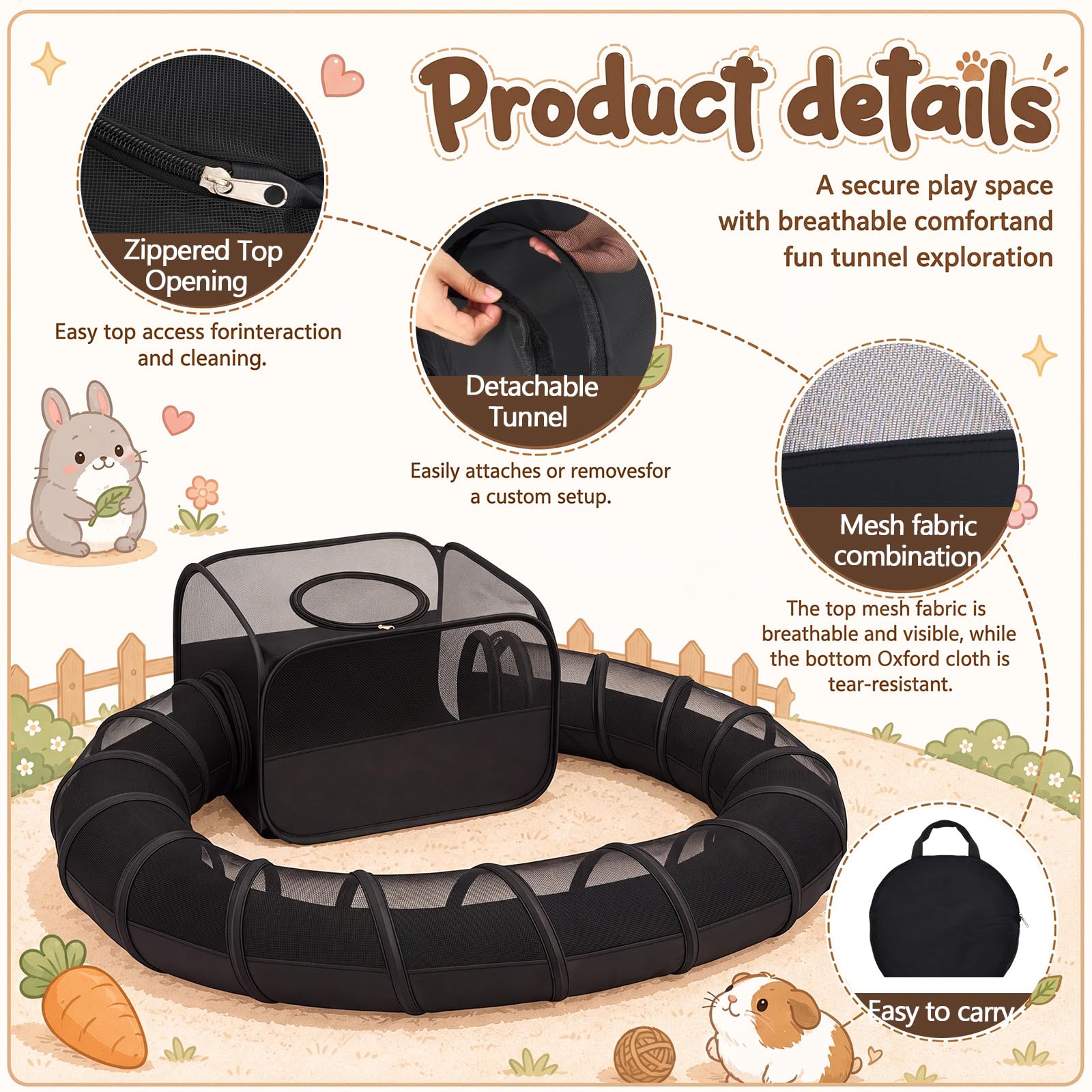 Lewtemi Meerschweinchen-Laufstall mit Tunnel, 60 x 70 x 41 cm, atmungsaktives Netz, Kaninchenlaufstall für Kaninchen, Hamster, Frettchen, Chinchilla, faltbares Kleintiergehege für drinnen und draußen