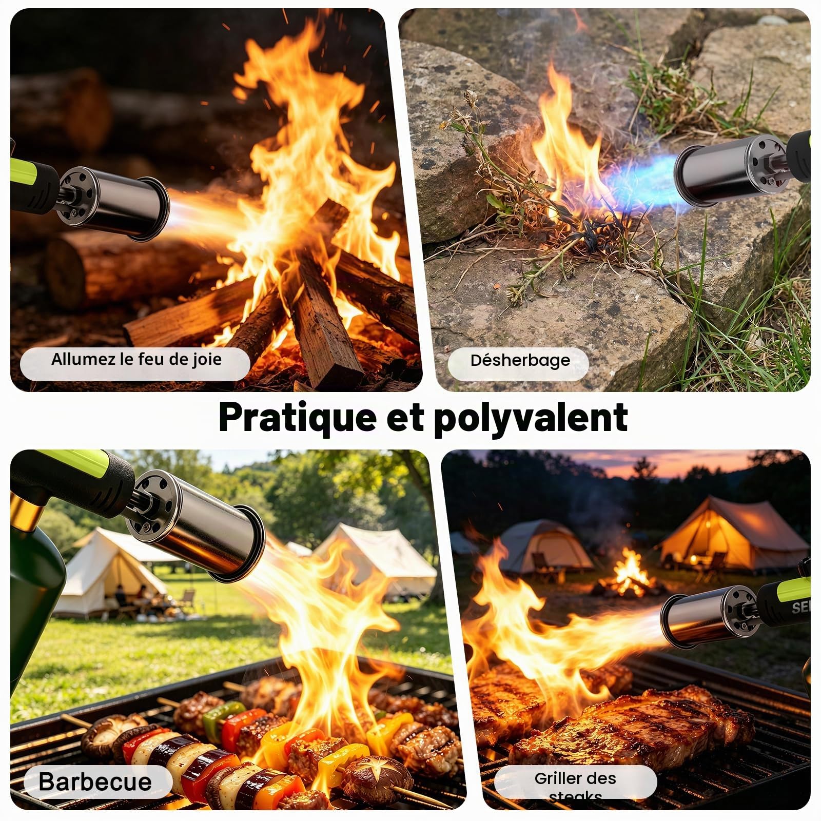 SEESE Torche puissante au propane, torche de cuisine avec feu maxi à une touche, allume-charbon avec verrou de sécurité, torche réglable pour sous vide, barbecue, feu de camp, cheminée (réservoir non