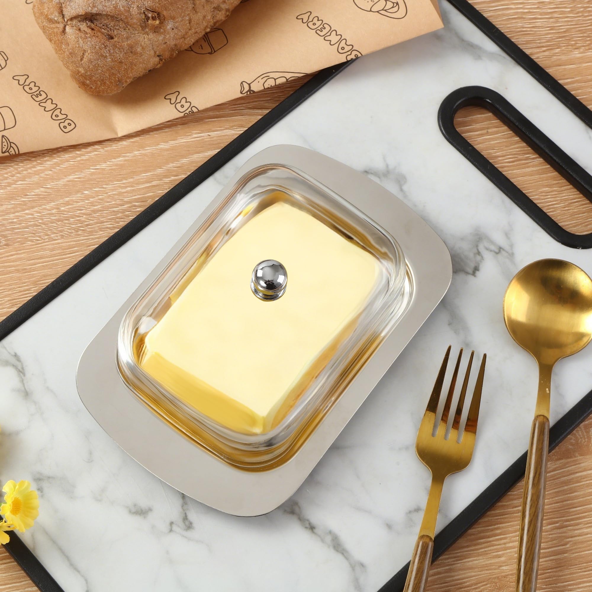 Scatola per Burro - in Acciaio Inossidabile - Burriera con Coperchio, Manico e Spatola - Ideale come Porta Burro - per Formaggio, Torte, Dolci e Piccoli Frutti
