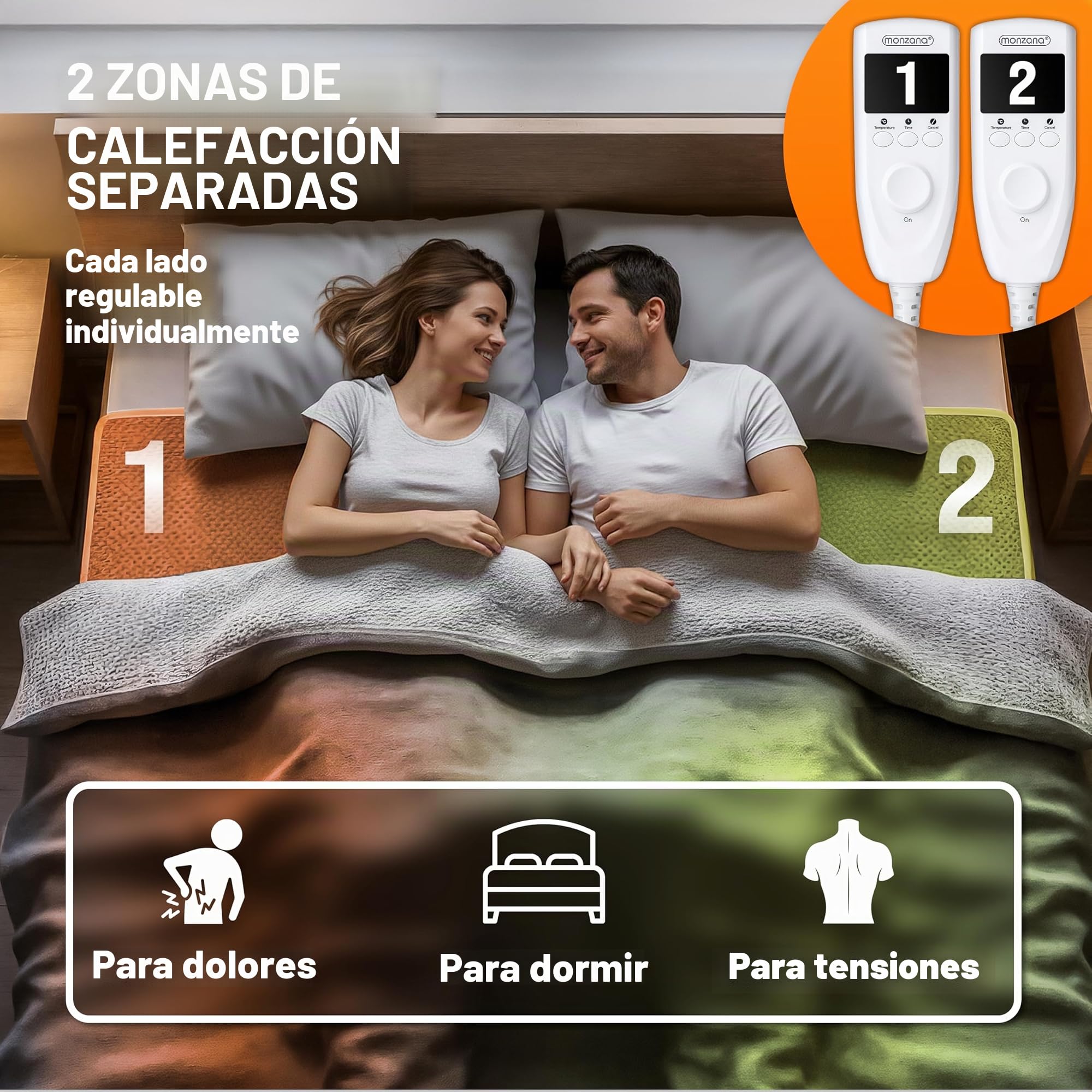 Monzana Manta Eléctrica Grande Térmica 160x140cm Calientacamas Sofa Colchón 2x60W Forro Polar Gris Lavable