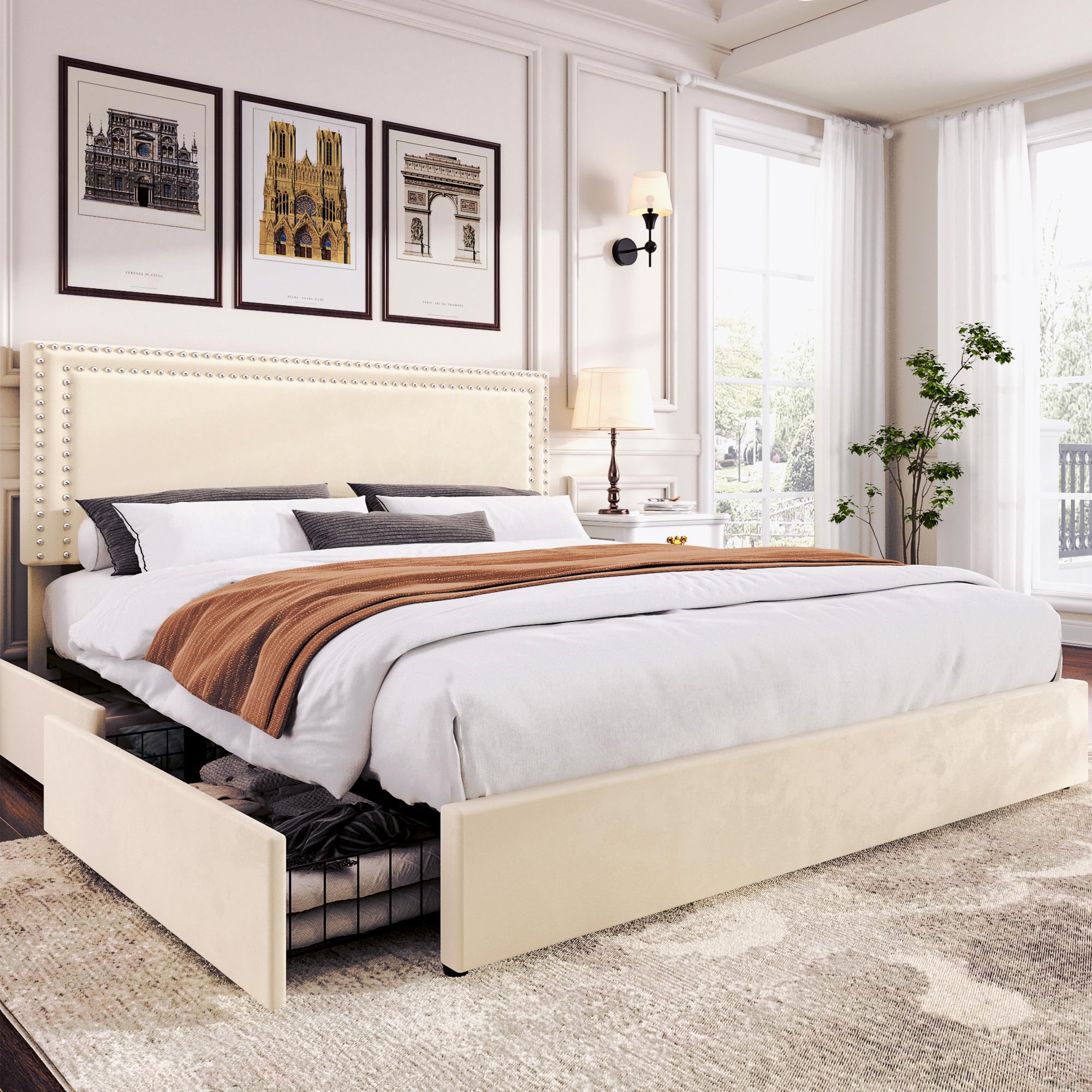 VECELO King Size Upholstered Platform Bed Frame with 4 Storage Drawers, Adjustable Velvet Rivet Headboard, Wooden Slats Support, No Box Spring Needed, Easy Assembly
