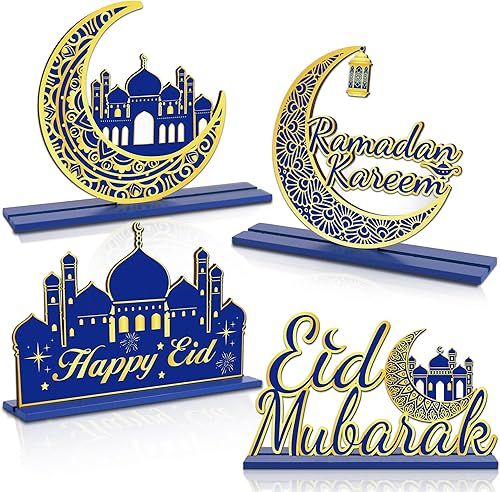 Decoraciones de Ramadán Kareem para mesa, decoraciones de Eid Mubarak para mesa, centro de mesa de madera Happy Eid, decoración de mesa de letrero