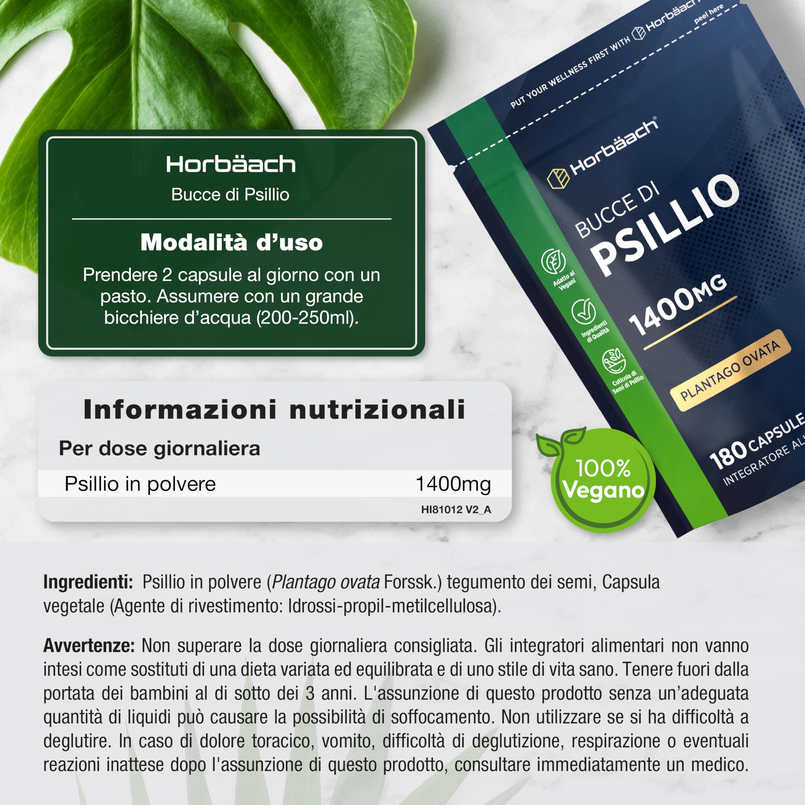 Psillio Capsule | 1400 mg | Buccia di Psillio in Polvere | Alto Dosaggio | 180 Capsule Vegane per 3 Mesi | Integratore di Fibre | Prebiotico Naturale | Psyllium Husk | Horbaach