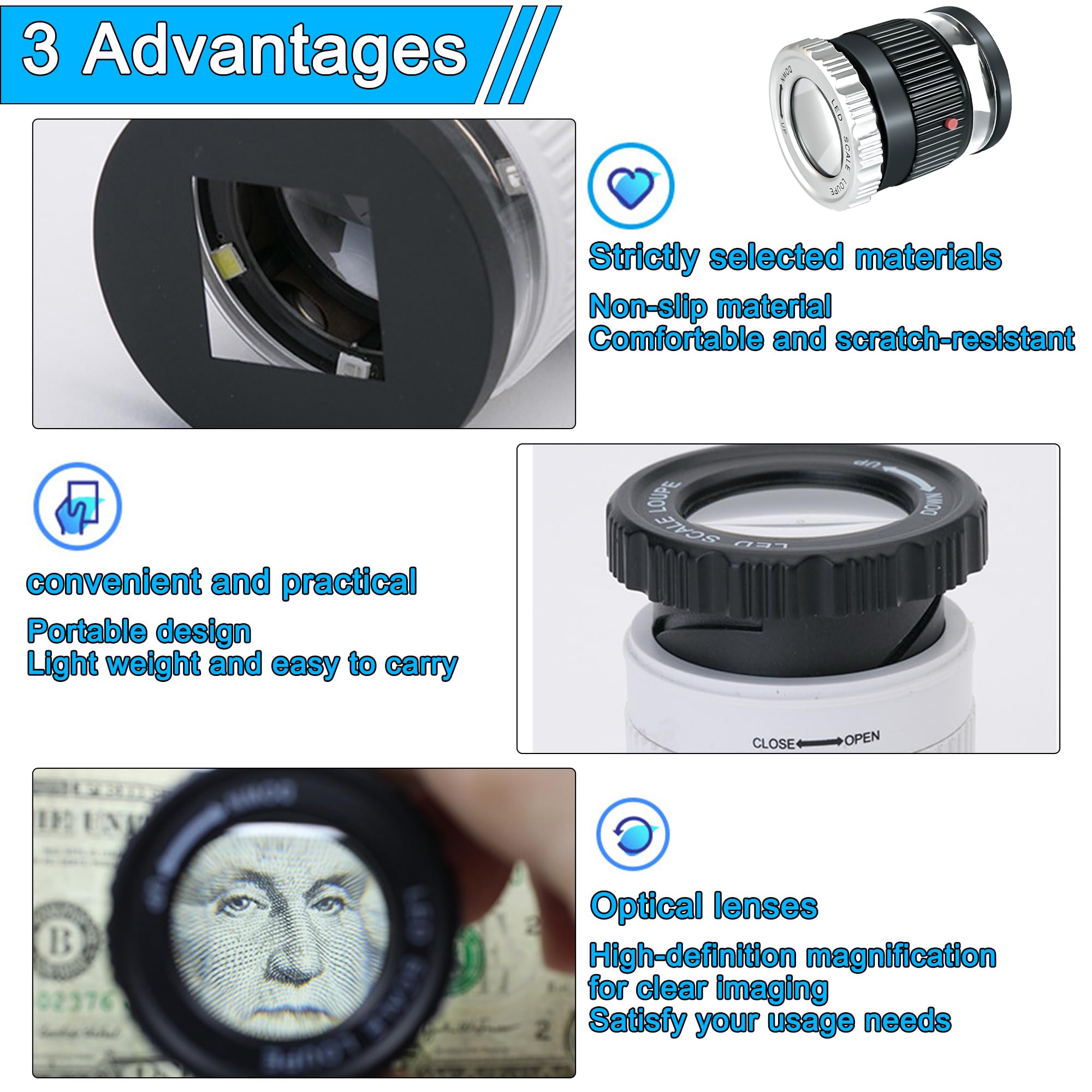 Joycabin lupa jubilerska 30X z podświetleniem LED i UV, lupa o regulowanej ogniskowej, lupa jubilerska, lupa do biżuterii, kamieni szlachetnych, biżuterii, diamentów, znaczków, monet, antyków, modeli