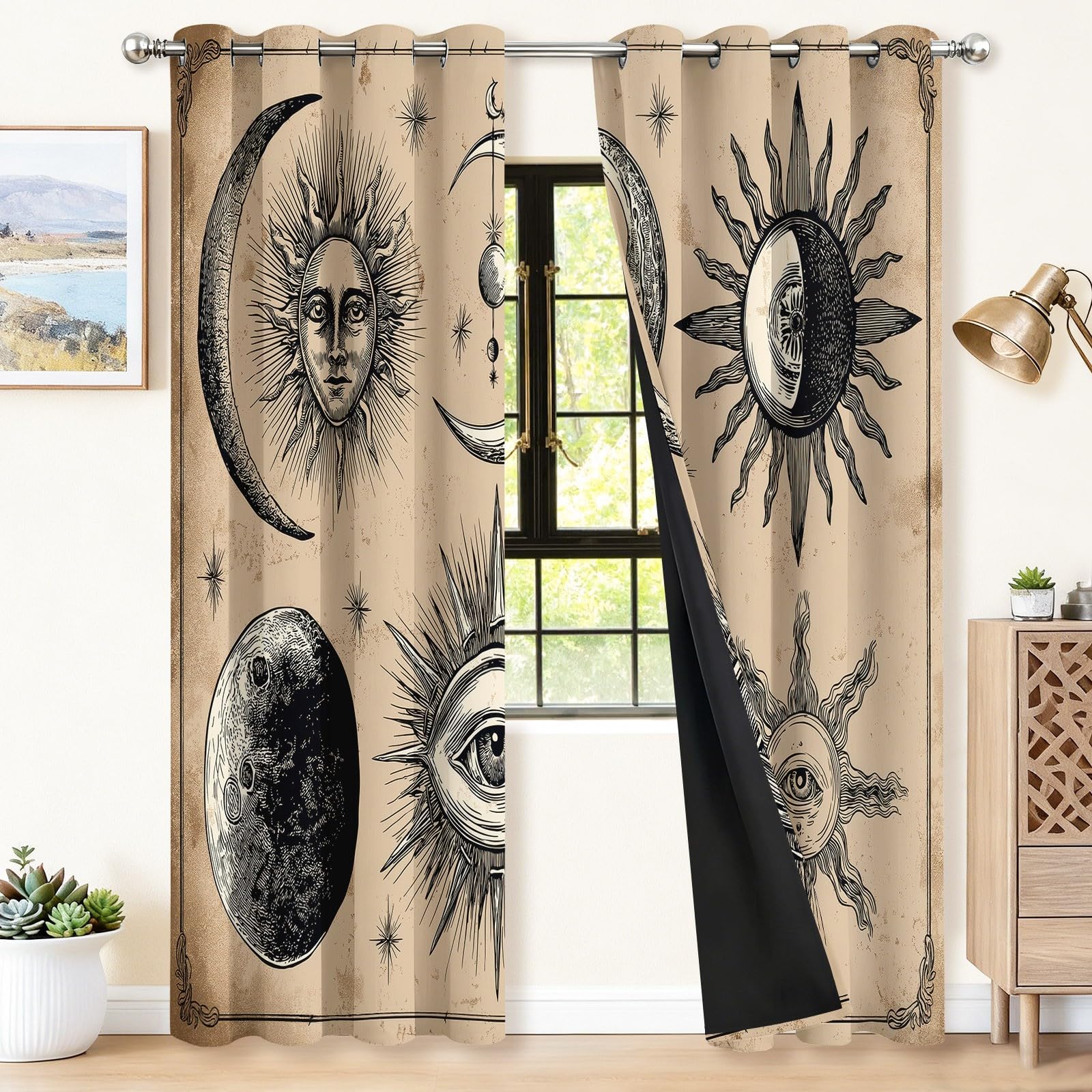 Retro Blickdicht Vorhänge Hellbraun, Wärmeisoliert UV-Schutz vorhänge mit Himmelselemente Sterne Muster, Verdunklungsvorhänge mit ösen für Wohnzimmer Schlafzimmer Deko, H 175 x B 140 cm (2er Pack)