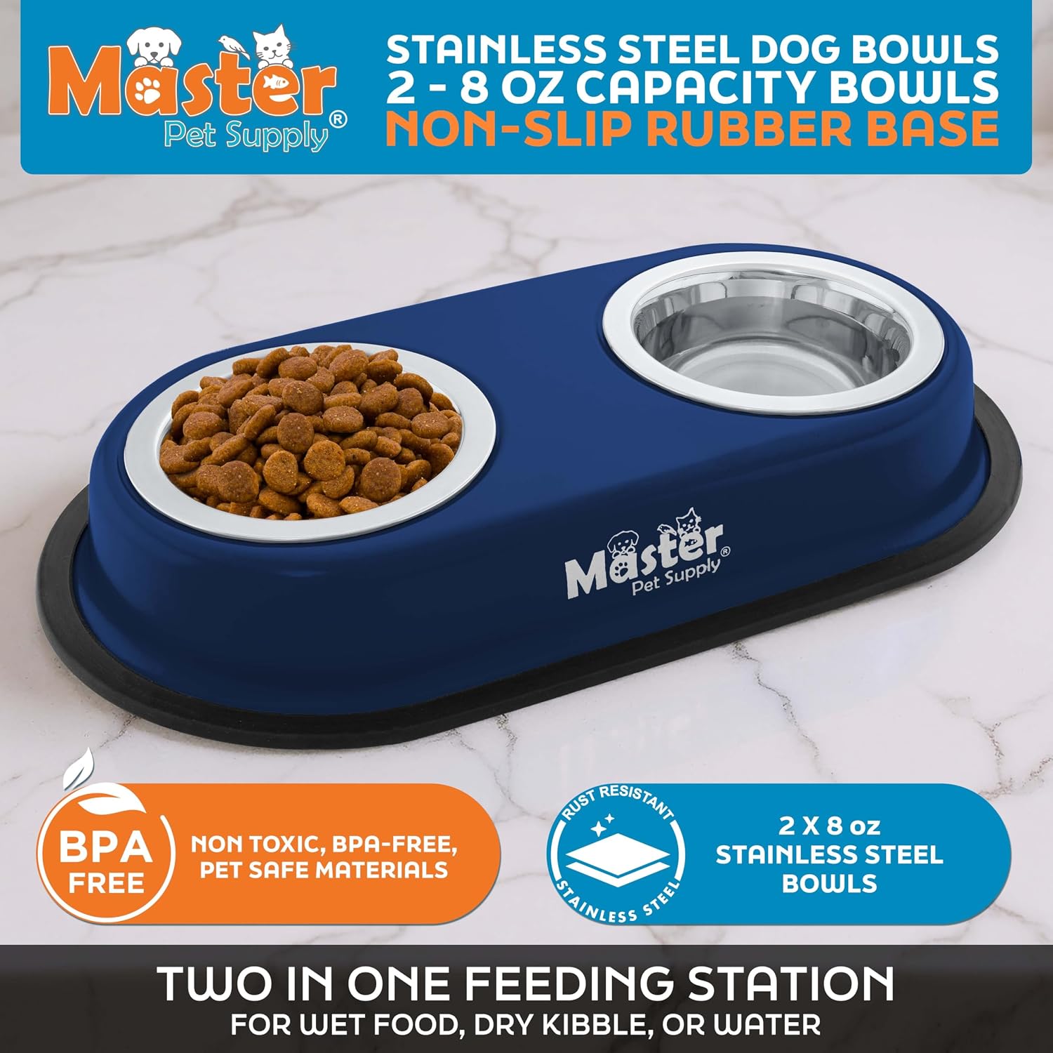 Master Pet Supply Double Dog Bowls Set with Elevated Base Navy Blue image 2