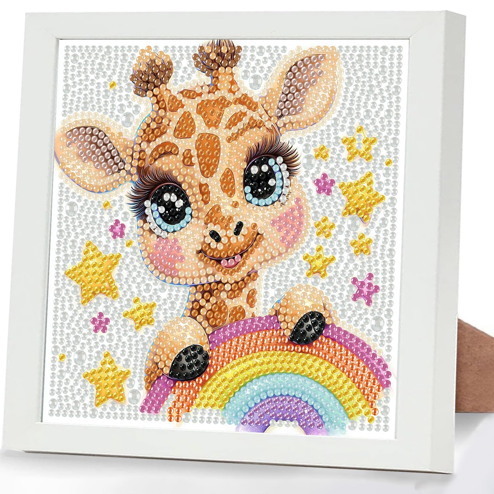 GHHKUD Giraffe Diamond Art Kits for Kids with Frame, Animal 5D Diamond Painting Kit for Kids Adults, Crystal Small Diamonds Gem Art Crafts Kits Gifts for Girls Boys Children Ages 6-8-12(7x7inch)