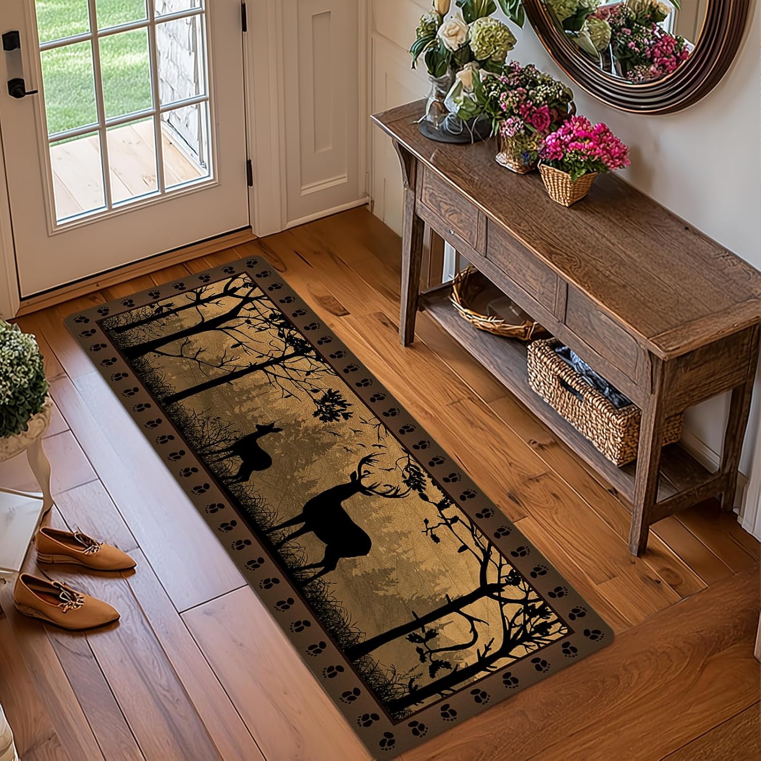 Deer Cabin Runner Rug 2x6 Throw Rug Rustic Area Rug Washable Hallway Rugs Non-Slip Vintage Rugs Runner,Country Wildlife,Bedroom Floor Carpet Indoor Entrance Door Mat for Entryway Laundry Kitchen