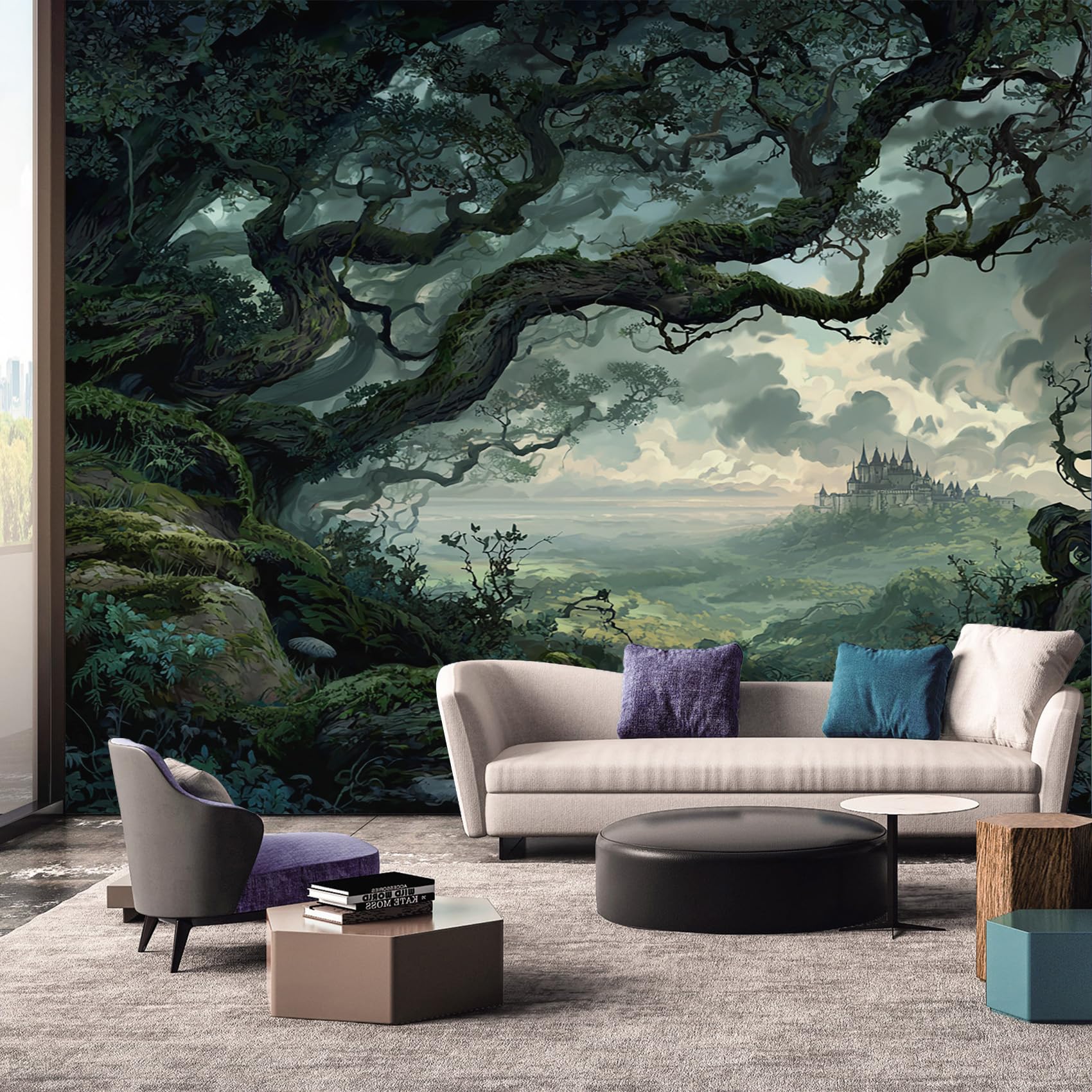 Fantasy Wallpaper, Enchanted Forest Castle Mural Wallpaper, Fantasy Room Decor Wall Art for Living Room Bedroom Kitchen 350L x 256W cm