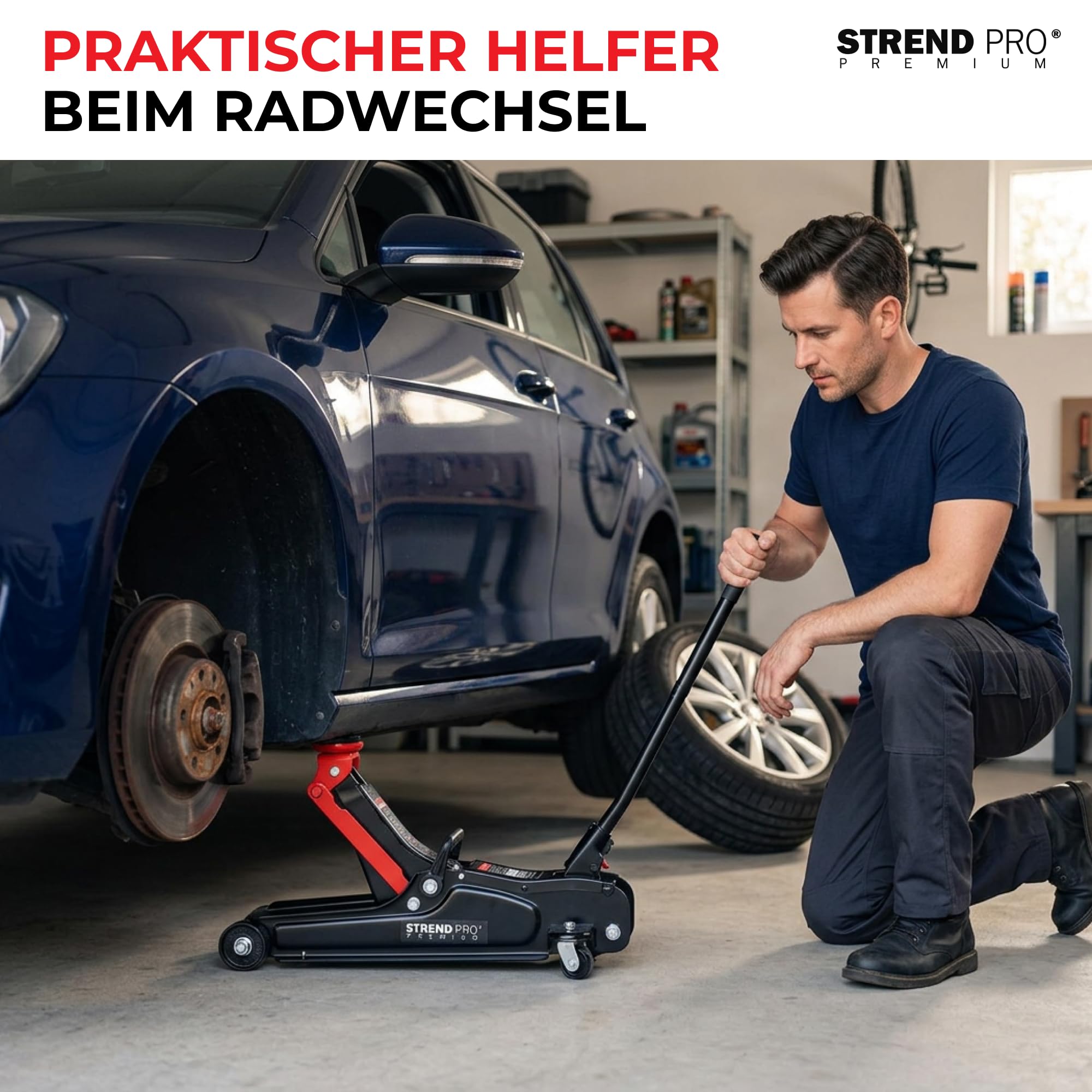 STREND PRO Premium Rangierwagenheber 2,5 t, hydraulischer Wagenheber flach, 80-360 mm Hubhöhe, fahrbar, mit Gummiadapter, niedrige Bauform für PKW